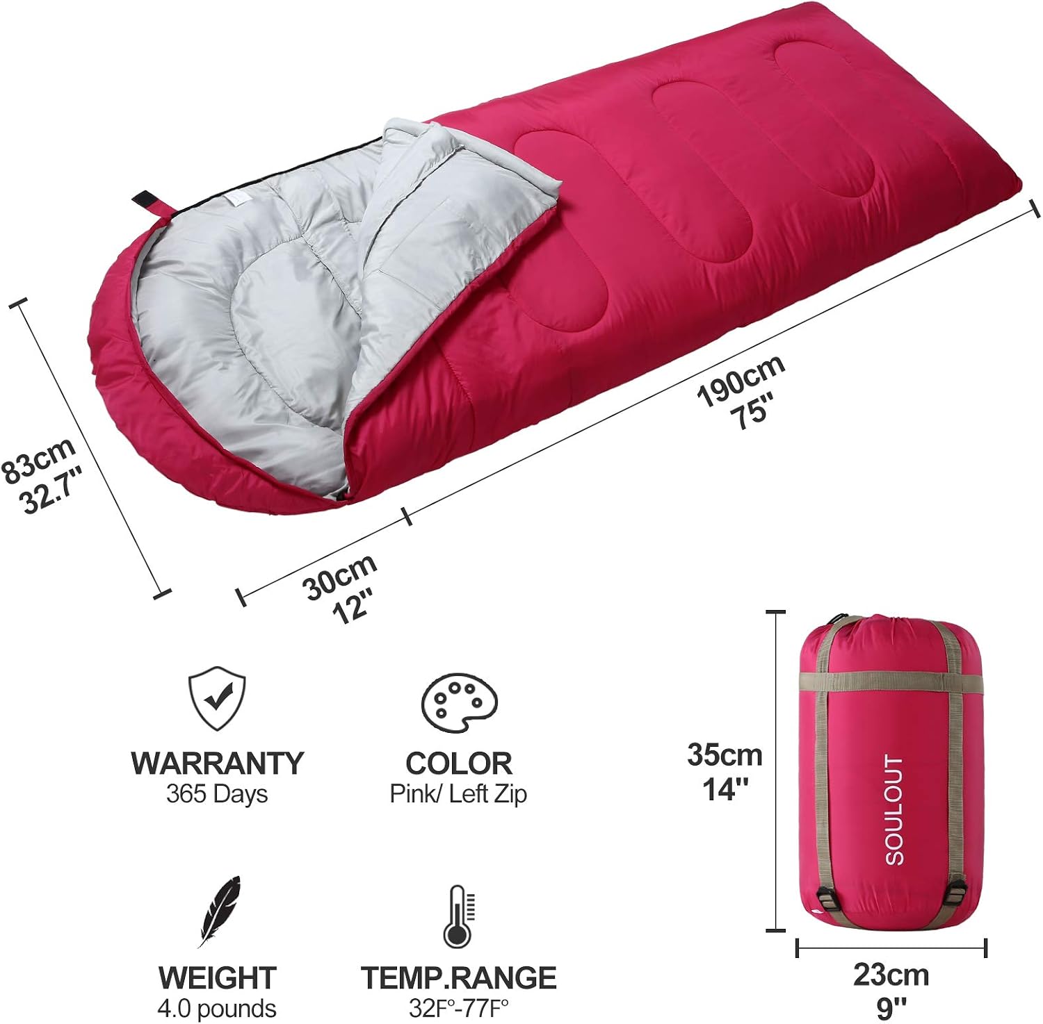 SOULOUT 3-4 Season Sleeping Bag for Adults & Teens - Camping