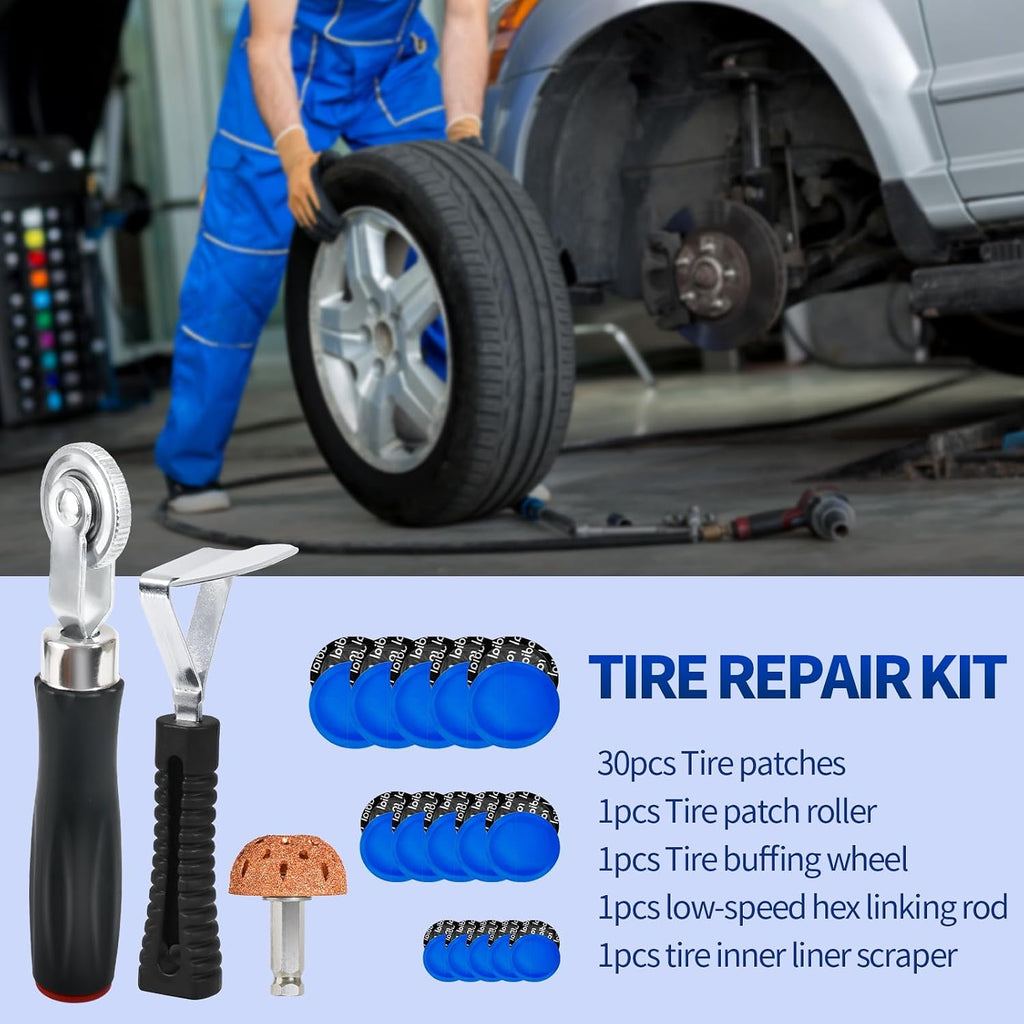 33PCS Tire Repair Patch Tools Tire Patch Kit, 30PCS Tire Patches(32mm/ 42mm/ 58mm with Tire Patch Roller, Tire Repair Buffing Wheel, Tire Inner Liner Scraper for Car Motorcycle Bike