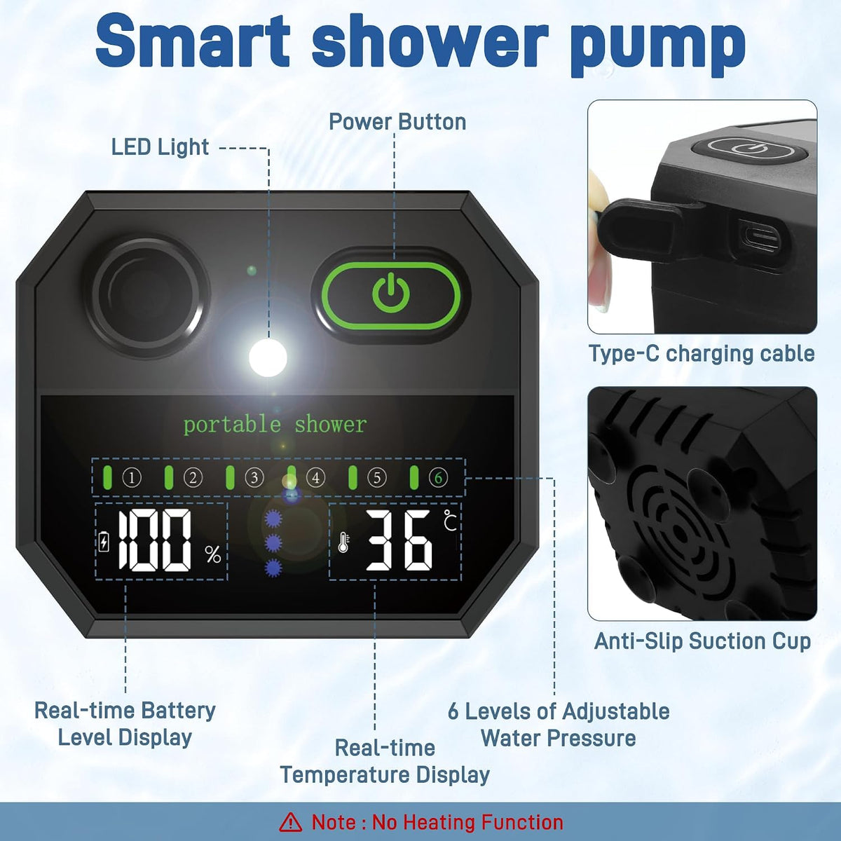 Portable Camping Shower with Heater, 6000mAh Rechargeable Portable Shower Pump, 1500W Hot Water Camping Shower with 20L Bucket, LED Temperature Display for Camping, Hiking, RV, Pet Bath
