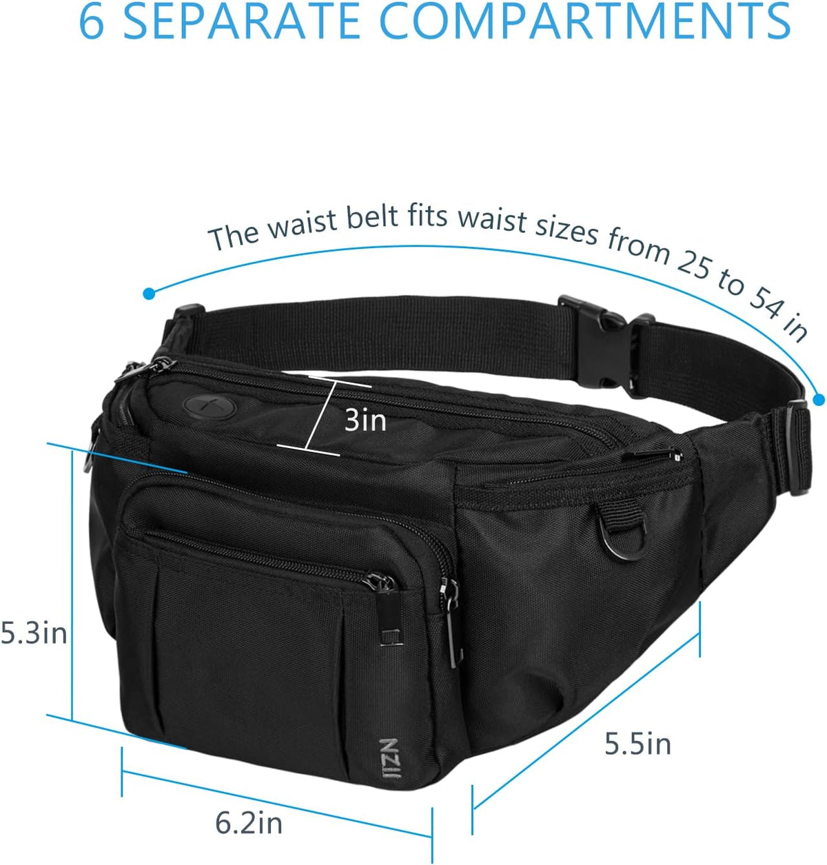 Sports Fanny Pack for Men Women, Outdoor Waist Pack Bag with 6 Zipper Pockets, Super Capacity Bum Bag with Adjustable Belt for Traveling Hiking Cycling Workout Casual