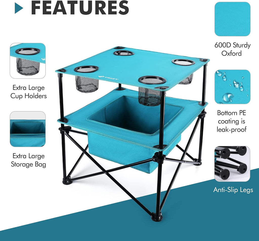 VILLEY Folding Camping Table, Double-Layer Beach Table with Storage