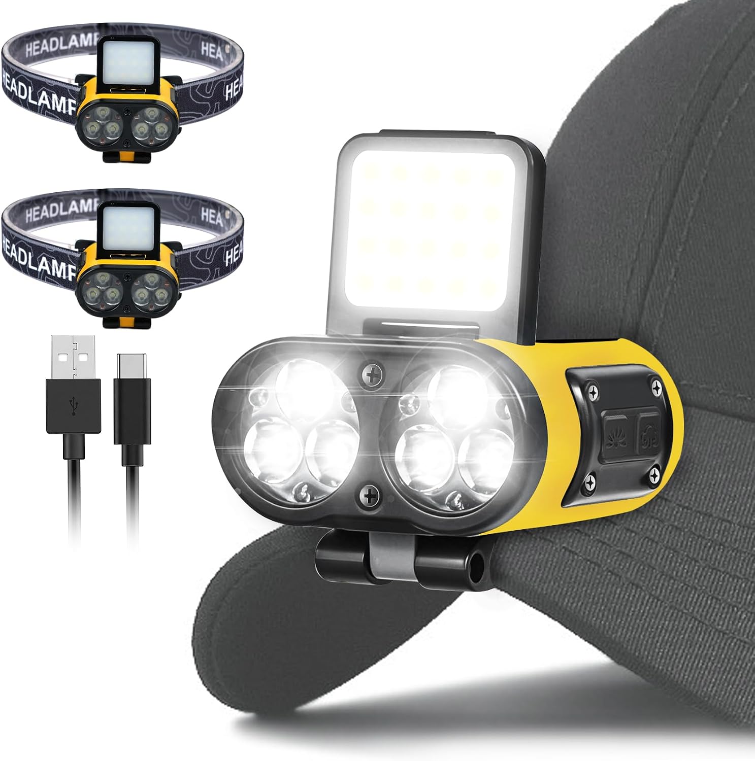 Foleto 2 Pack LED Hard Hat Light, 900LM Rechargeable Dimmable Clip on Cap Lights (Yellow)
