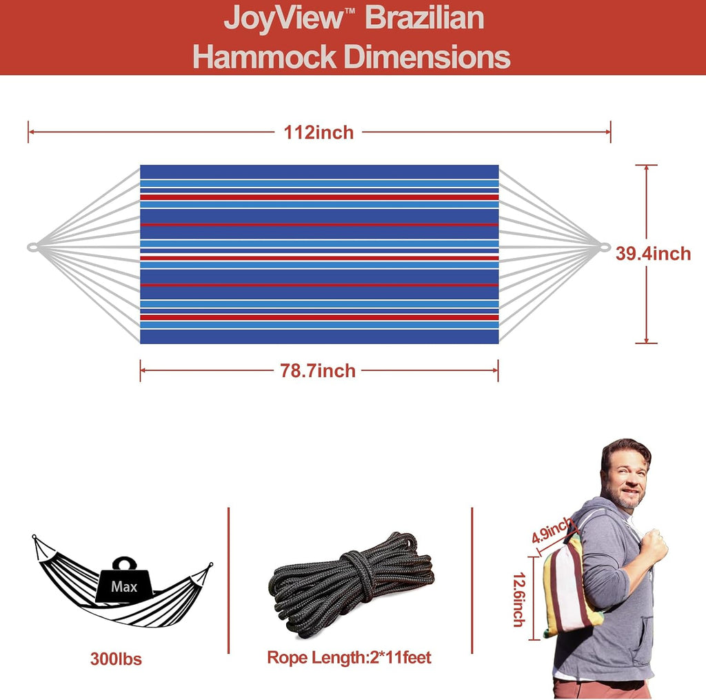 JoyView Brazilian Hammock for Single Person Portable Hammock with Hanging Ropes & Carry Bag Large 78.8x39.4” for Patio 300LBS Capacity Perfect for Outdoor/Indoor - Blue Stripe