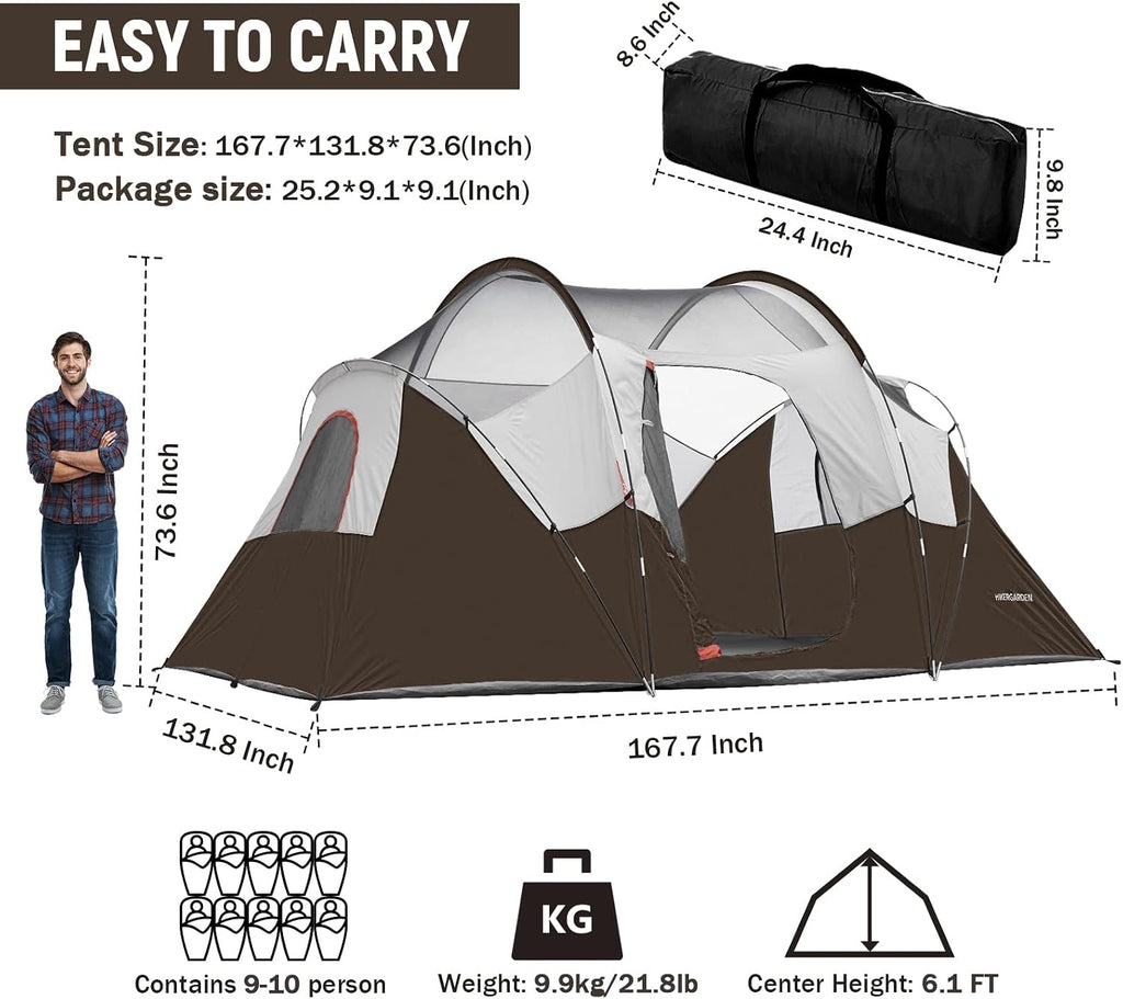 HIKERGARDEN 10 Person Tents for Camping Family Outdoor Dome Tent