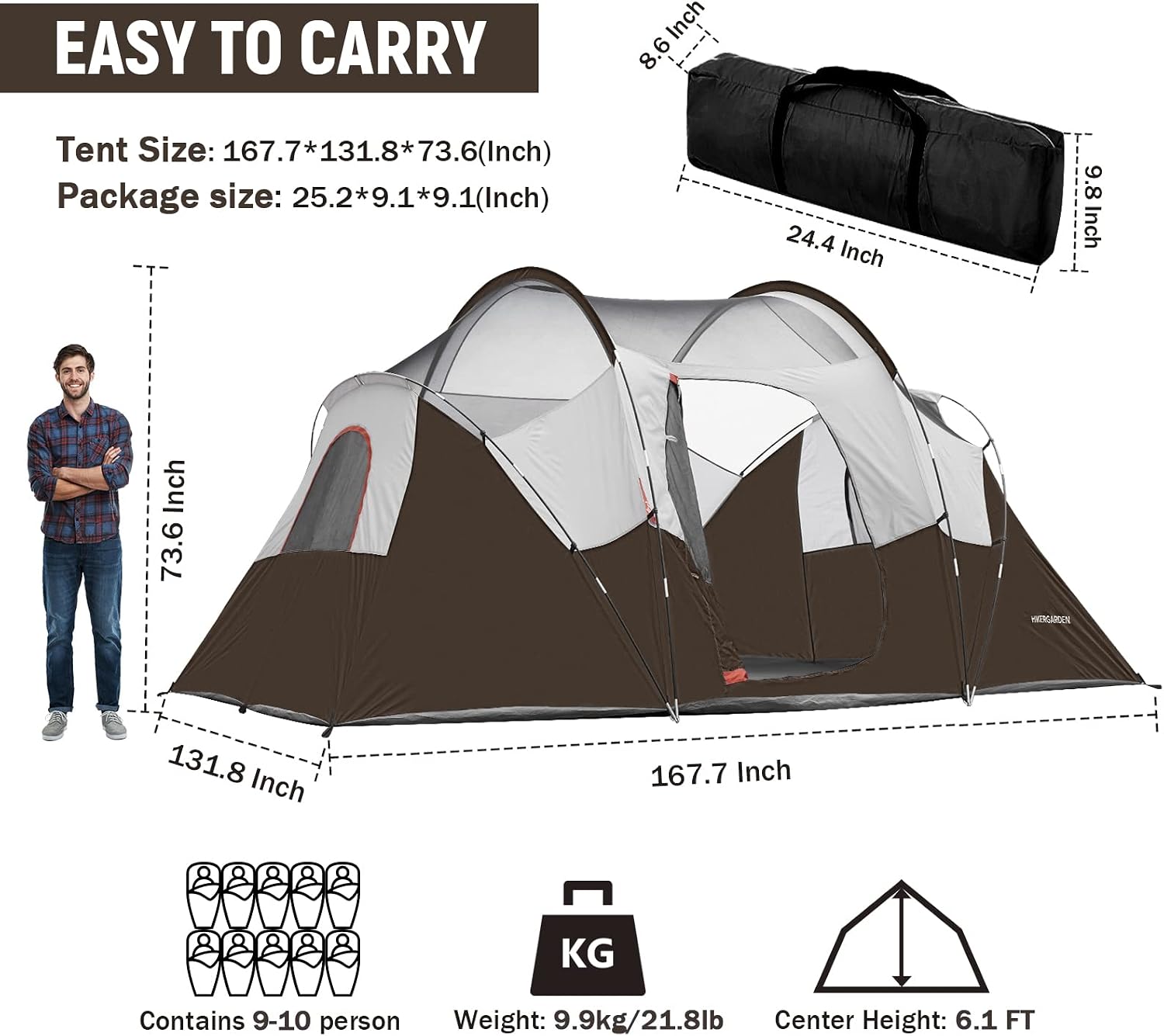 HIKERGARDEN 10 Person Tents for Camping Family Outdoor Dome Tent
