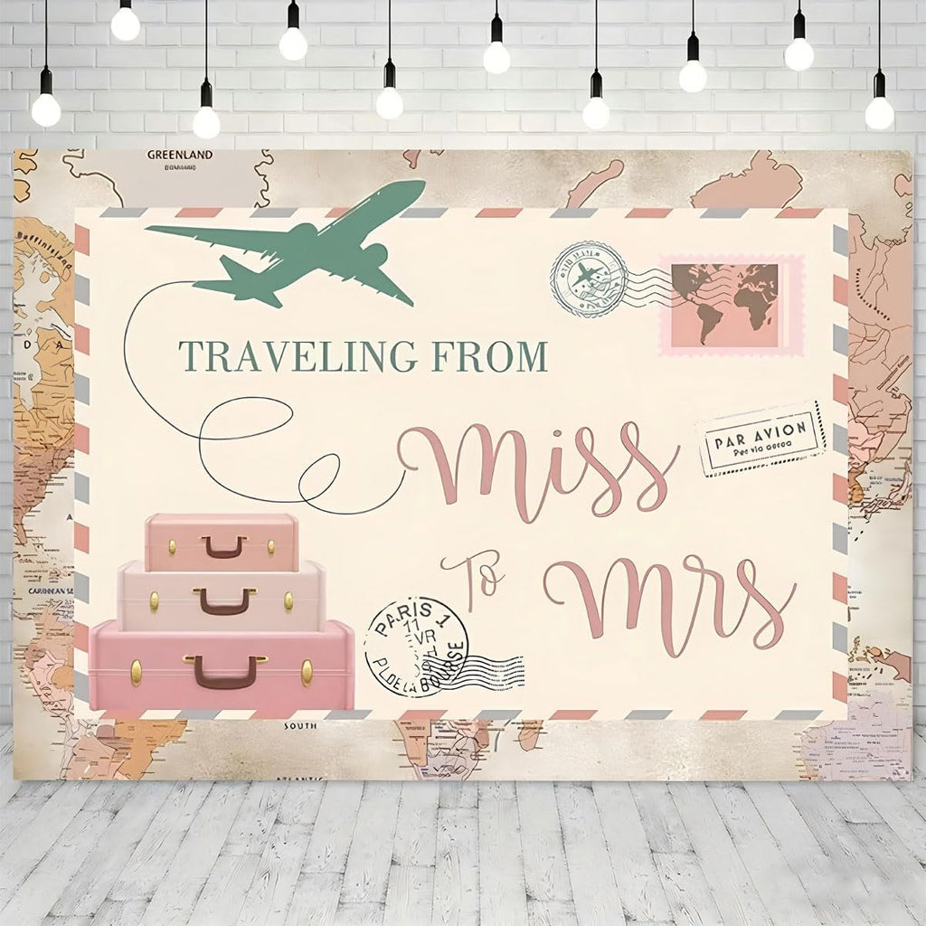 Traveling from Miss to Mrs Photography Background Postcard Suitcases Travel Adventure Begin Backdrop Bridal Shower Wedding Supplies Baby Shower Party Decorations (7X5FT)