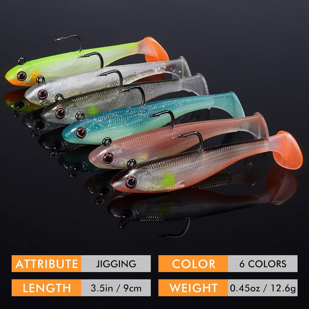 TRUSCEND Shadtale Easy Catch Soft Fishing Lures with BKK Hooks - Trembly Sinking and Vibrating Swim for More Bites, Pre-Rigged Swimbaits for Bass, Trout, Crappie, Walleye, Freshwater Saltwater Fishing