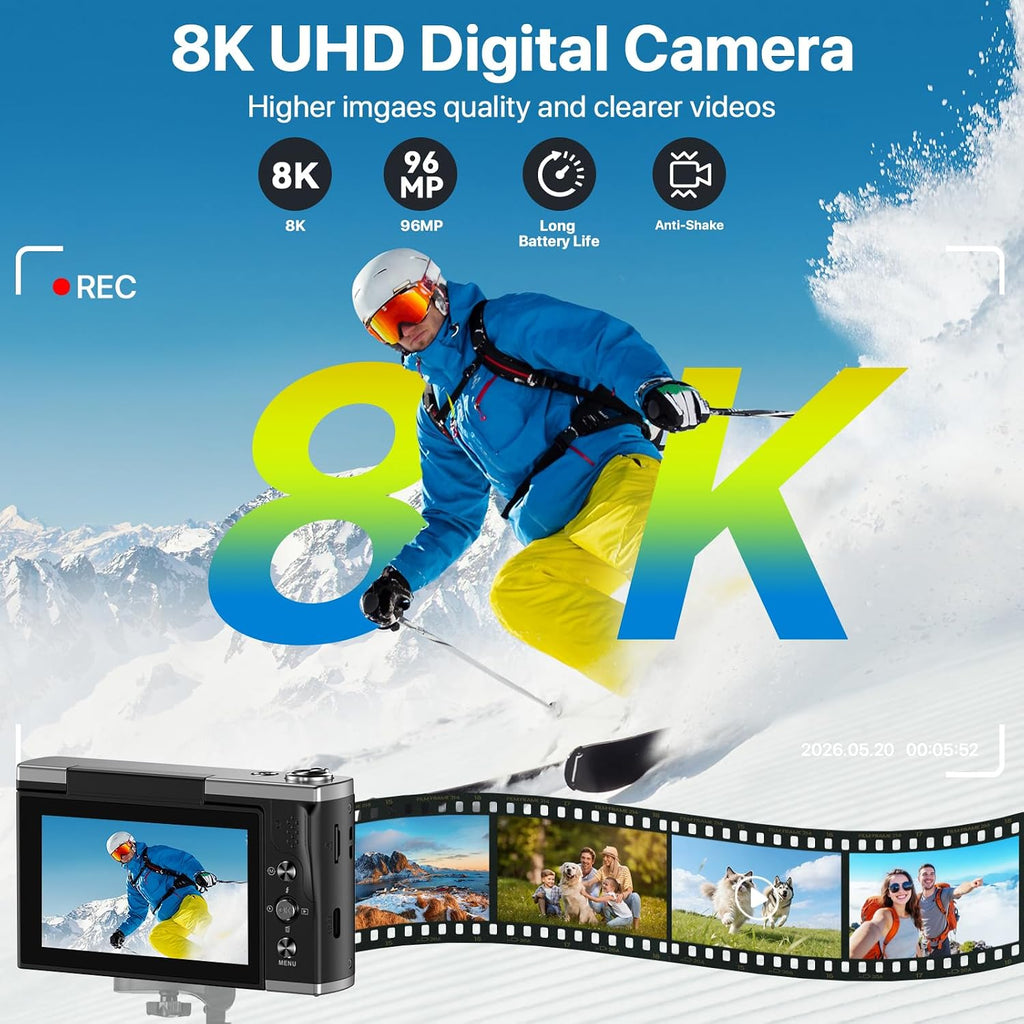8K Digital Camera for Photography with WiFi 96MP Autofocus Vlogging Camera for YouTube Video 3.5'' 180°Flip Screen 20X Zoom Anti-Shake Compact Point and Shoot Cameras for Beginner Creator with SD Card