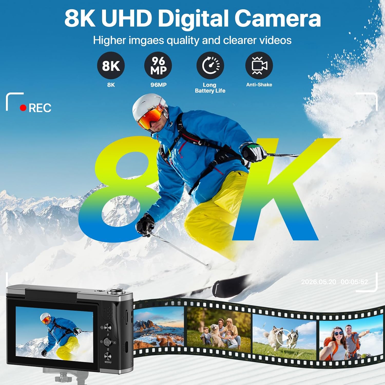 8K Digital Camera for Photography with WiFi 96MP Autofocus Vlogging Camera for YouTube Video 3.5'' 180°Flip Screen 20X Zoom Anti-Shake Compact Point and Shoot Cameras for Beginner Creator with SD Card