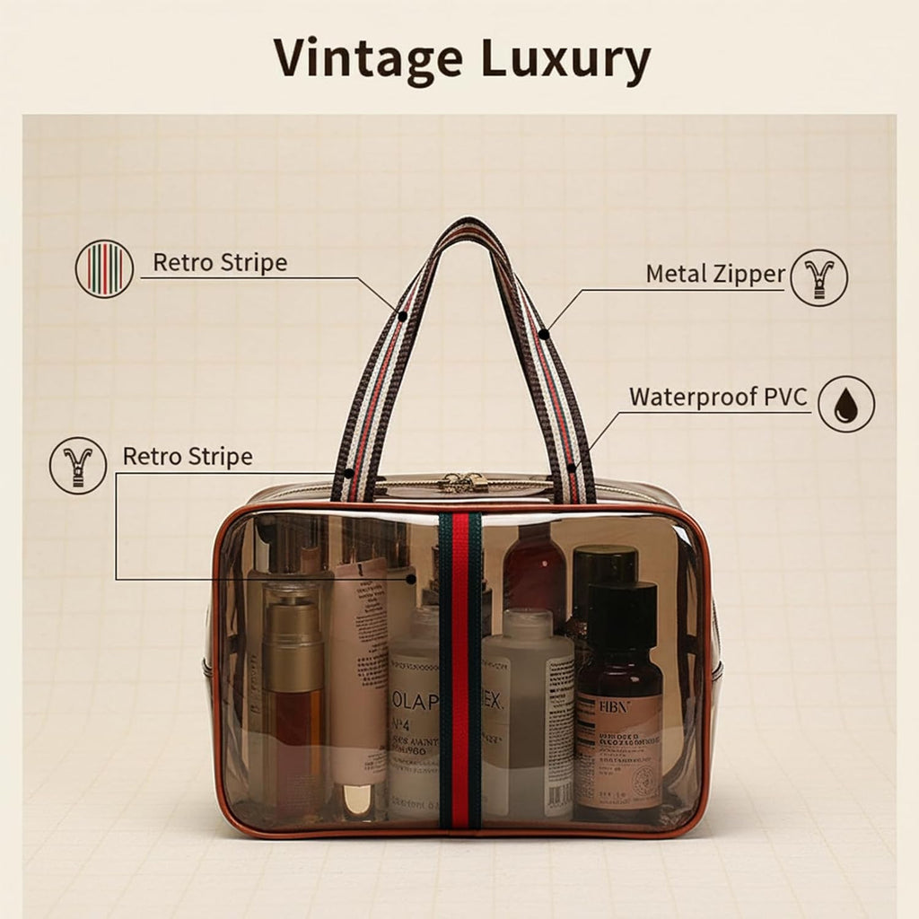 ANIS·KEBBR Retro Clear Makeup Bag, Waterproof Large Zipper Toiletry Organizer for Travel