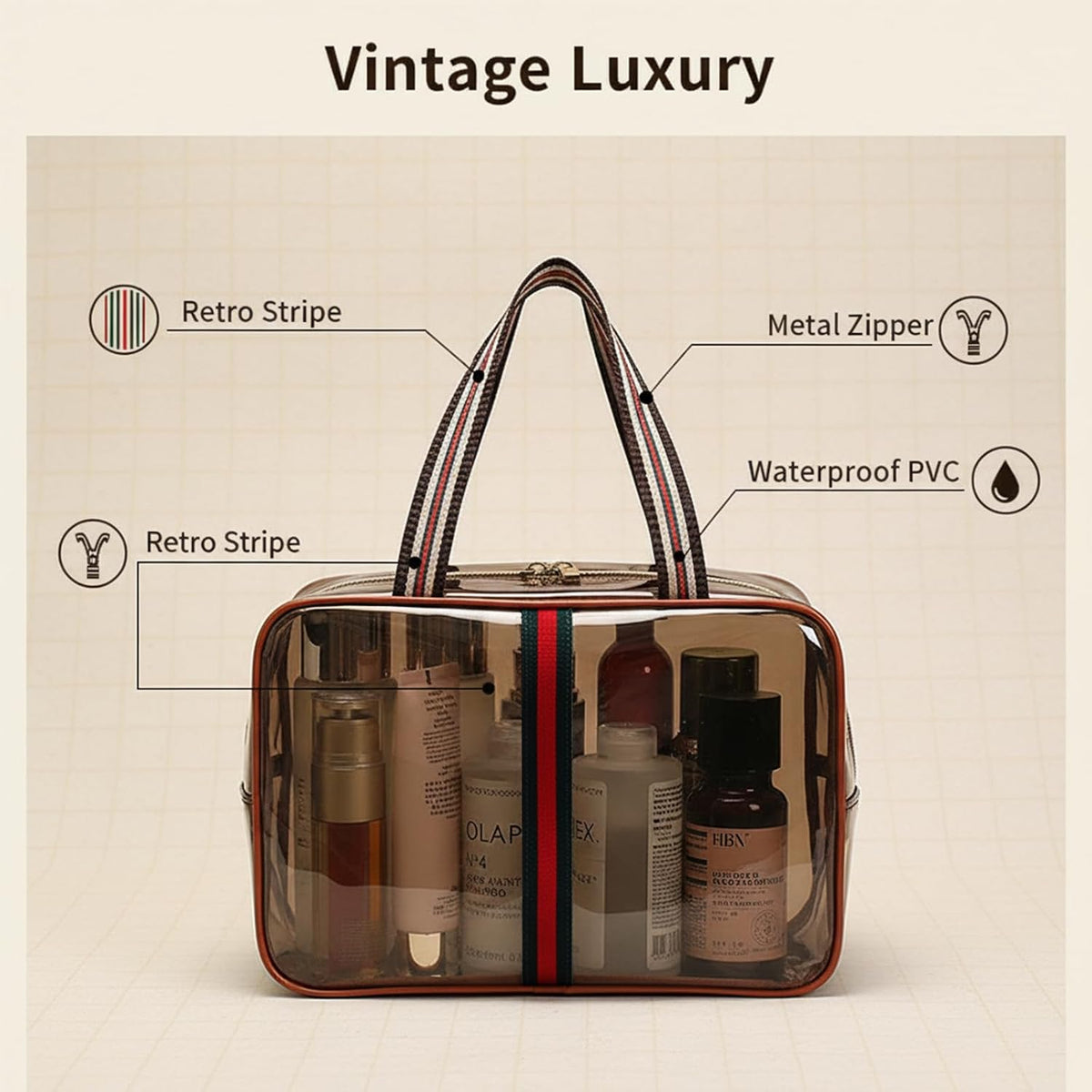 ANIS·KEBBR Retro Clear Makeup Bag, Waterproof Large Zipper Toiletry Organizer for Travel