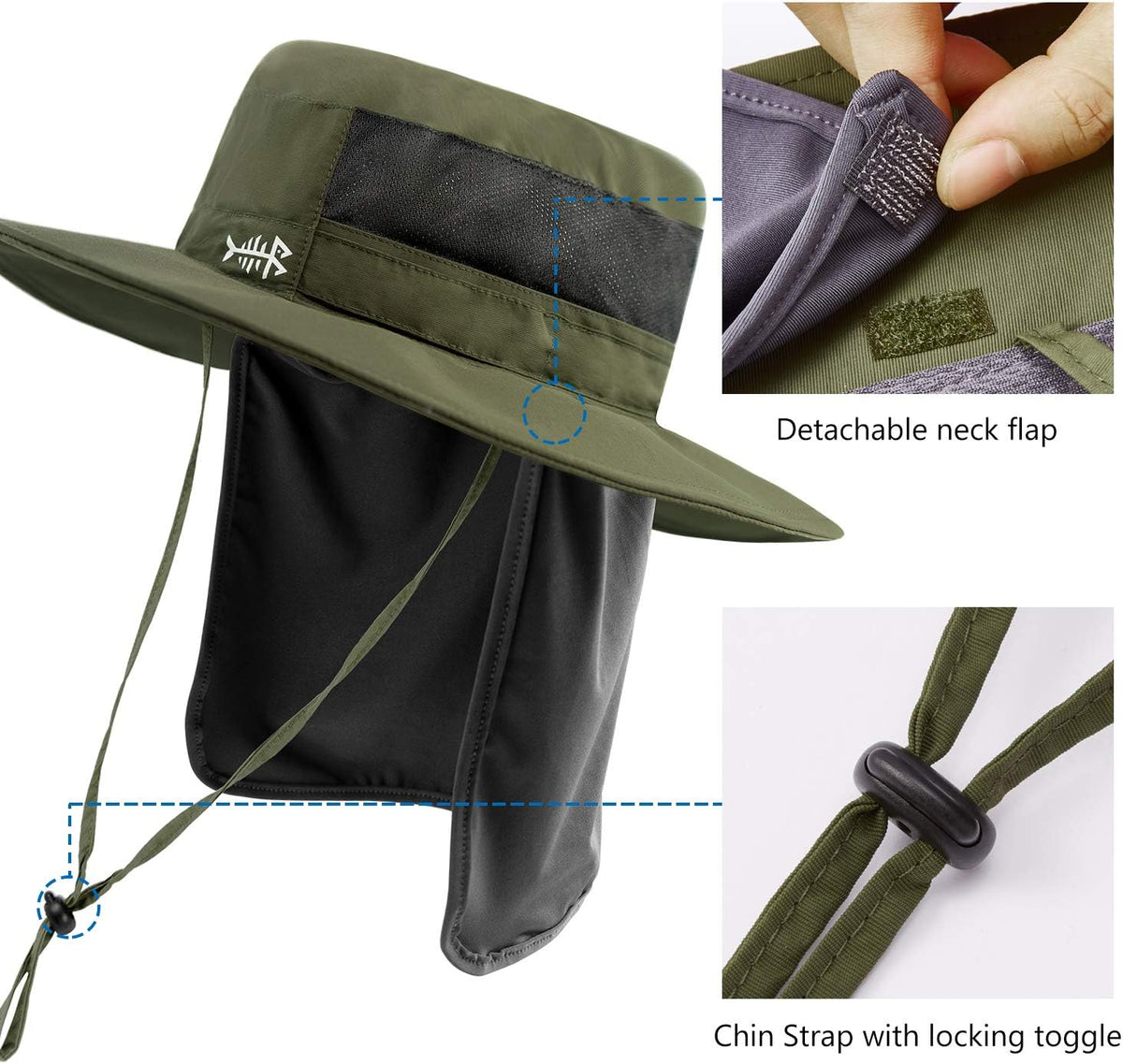 BASSDASH UPF 50+ Sun Fishing Hat Water Resistant with Detachable Neck Flap
