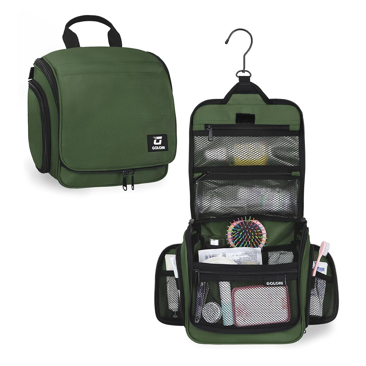 Goloni Hanging Toiletry Bag for Men Women, Water-Resistant Organizer,Green