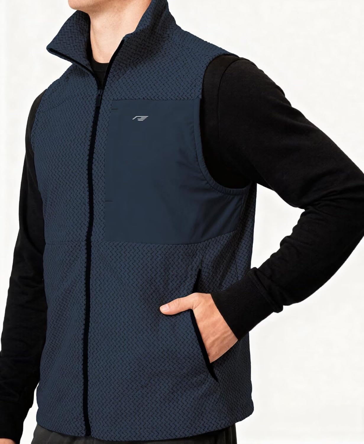 Mens Fleece Vest Mock Neck Full Zip Textured Sleeveless Jacket with Zippered Chest Pocket Active Fit Hiking Golf Top