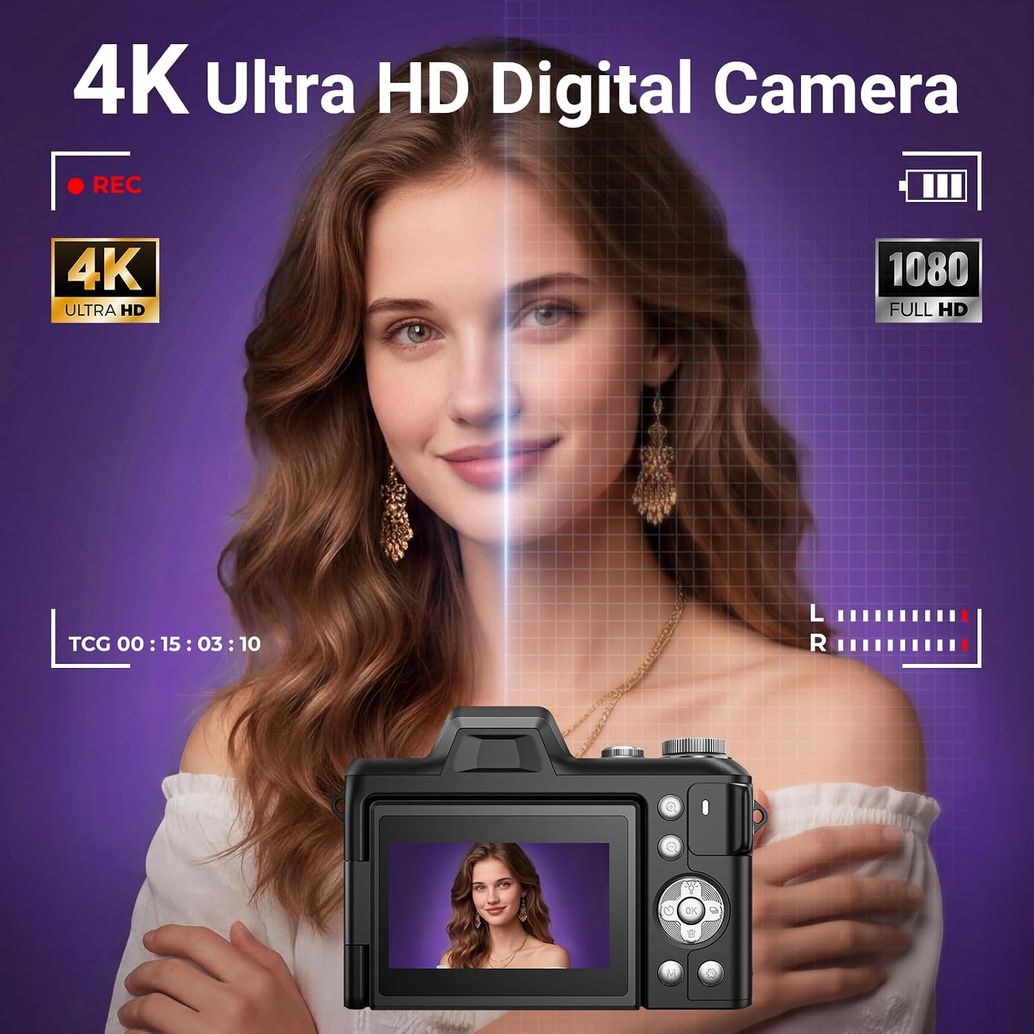 4K Digital Camera for Photography, 56MP Autofocus Vlogging Camera for YouTube Travel, 3" 180°Flip Screen & Lens Hood 16X Zoom, 32GB SD Card for Teens & Beginners