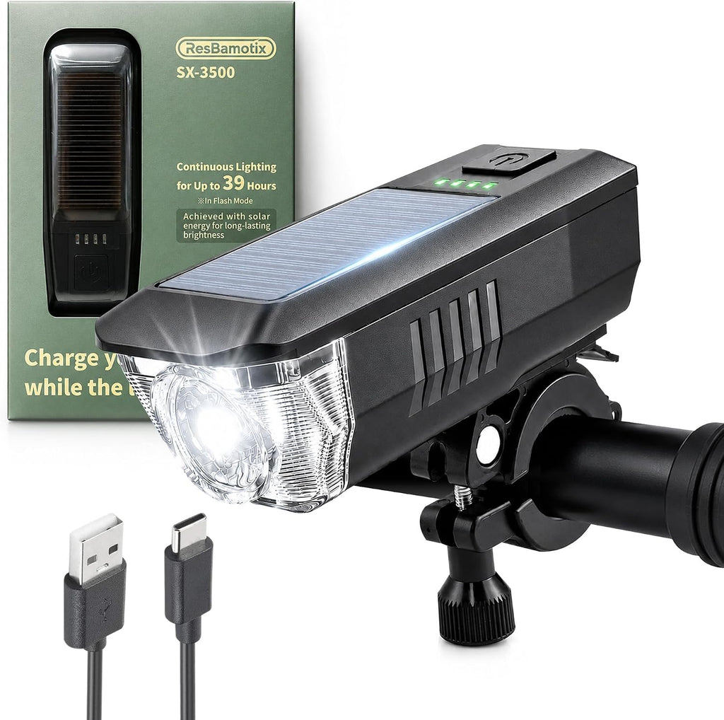 Solar USB-C Rechargeable Bike Light, Waterproof Headlight