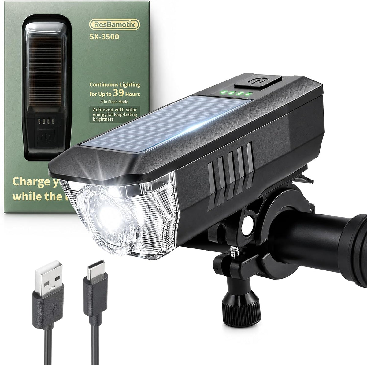 Solar USB-C Rechargeable Bike Light, Waterproof Headlight