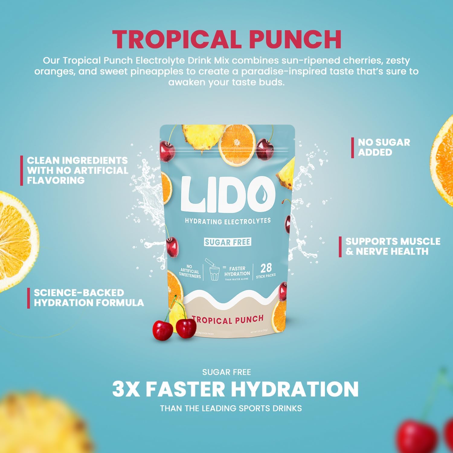 LIDO Tropical Punch Electrolyte Powder Packets — Zero Sugar Hydration Drink Mix Packets with Trace Minerals & Sea Salt — Keto, Paleo & Fasting Friendly — Fruit Punch Drink Mix for Recovery, 28 Sticks