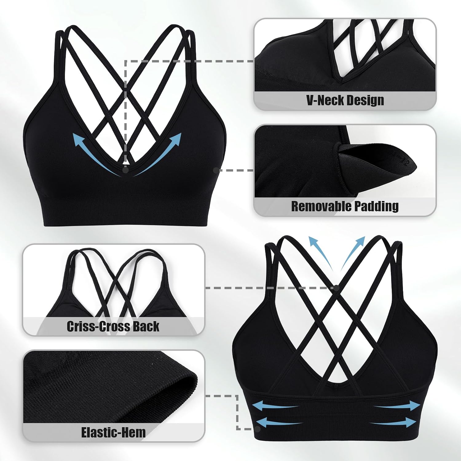 V Neck Sports Bras for Women Cross Back Workout Bra for Small Bust
