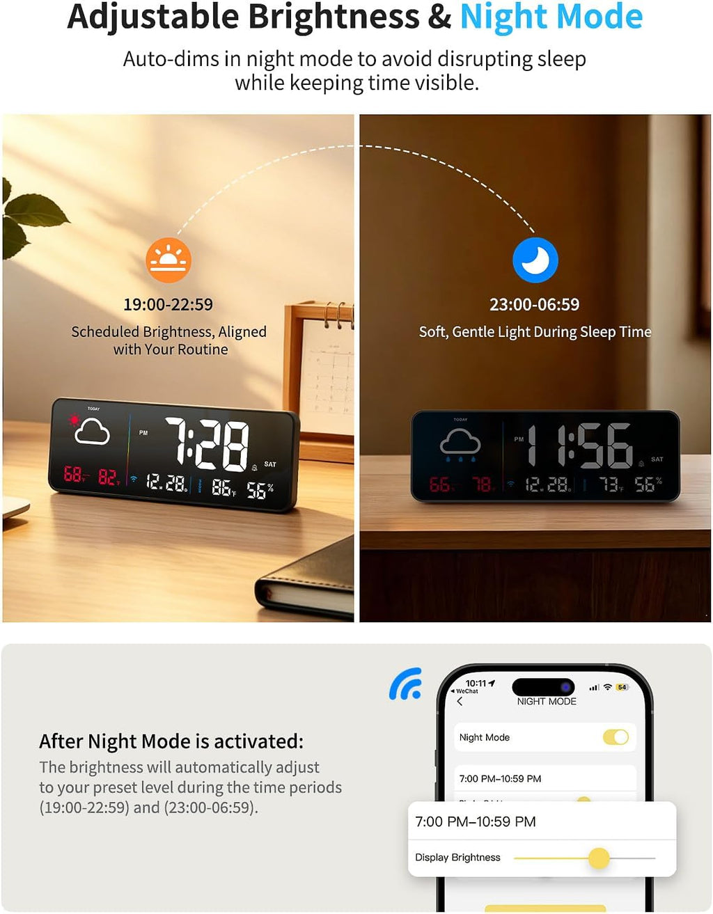 Digital Wall Clock, Digital Clock Large Display with Network Auto-Synced, Corded Smart LED Alarm Clocks Real-Time Shows Weather, Indoor/Outdoor Temp Humidity for Living Room Bedroom Classroom Office