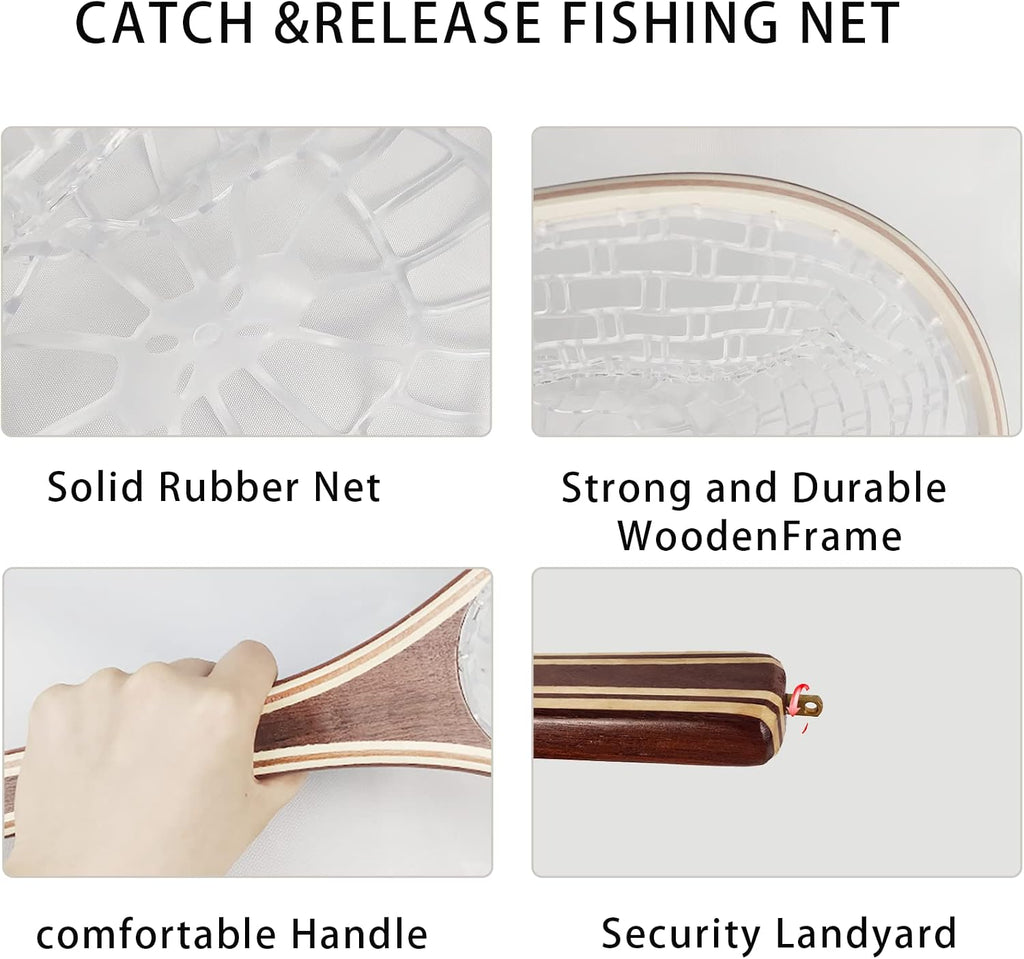 Aventik Fly Fishing Landing Net for Trout Soft Rubber Ghost Mesh Catch and Release Wooden Frame Lightweight and Tangle-Free