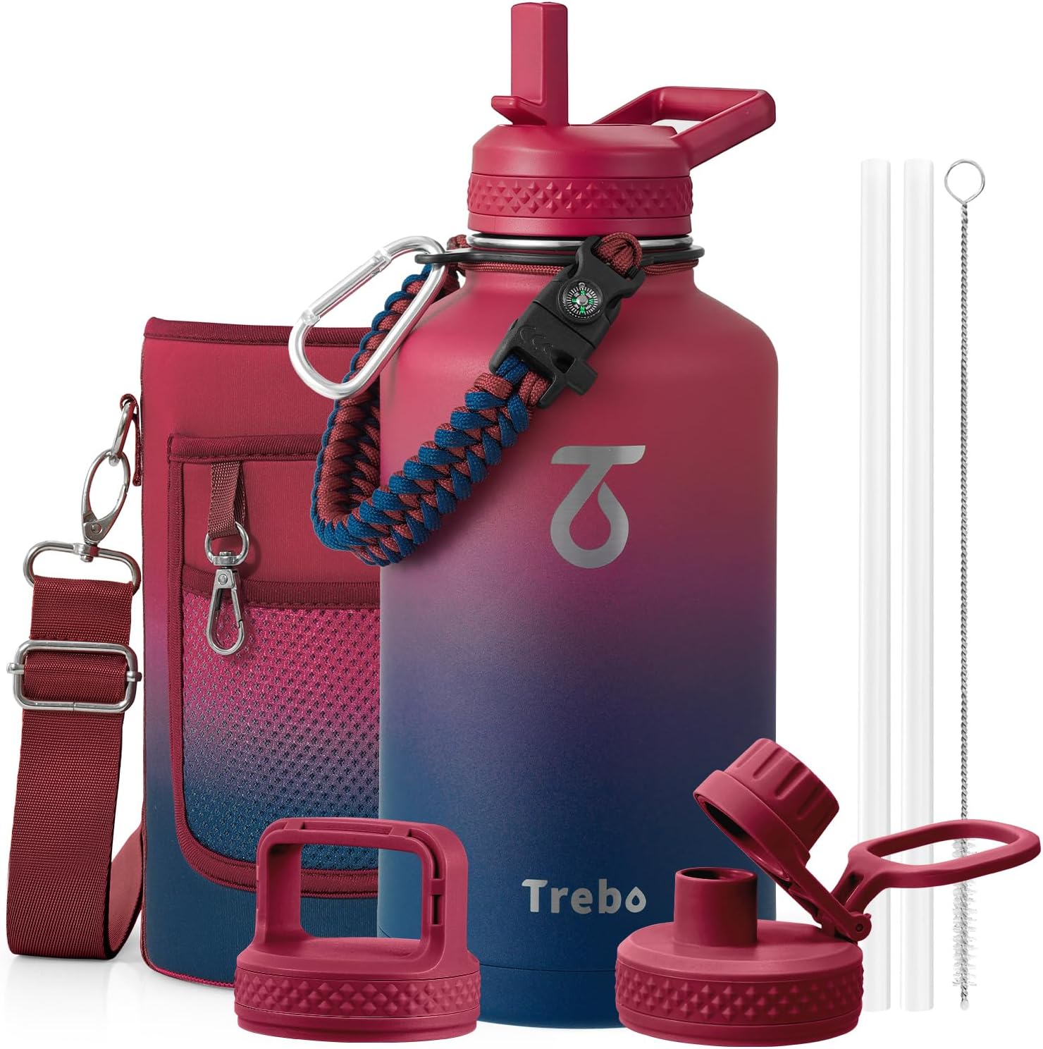 Trebo 64 oz Water Bottle Stainless Steel with 3 Lids, Paracord Handle & Bag