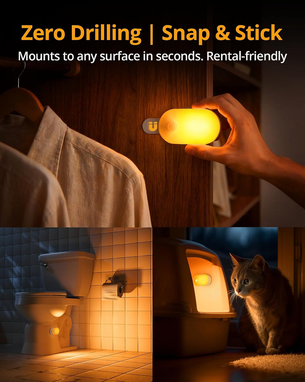 Lyridz Rechargeable Night Light with Motion Sensor, Dimmable Amber Nightlights for Bathroom, Bedroom, Kids Room, Hallway, Stairs, Pet House, 2 Pack