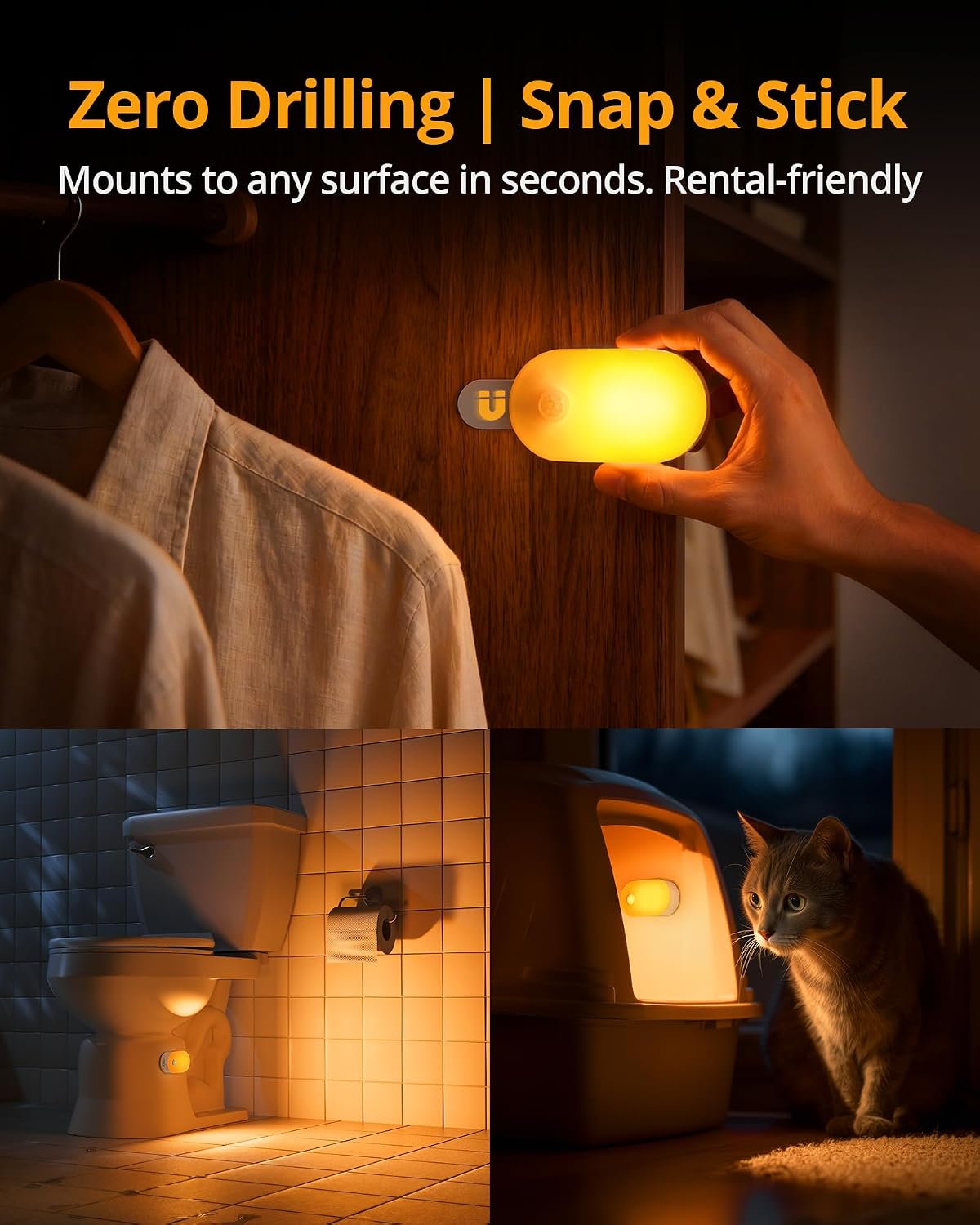 Lyridz Rechargeable Night Light with Motion Sensor, Dimmable Amber Nightlights for Bathroom, Bedroom, Kids Room, Hallway, Stairs, Pet House, 2 Pack