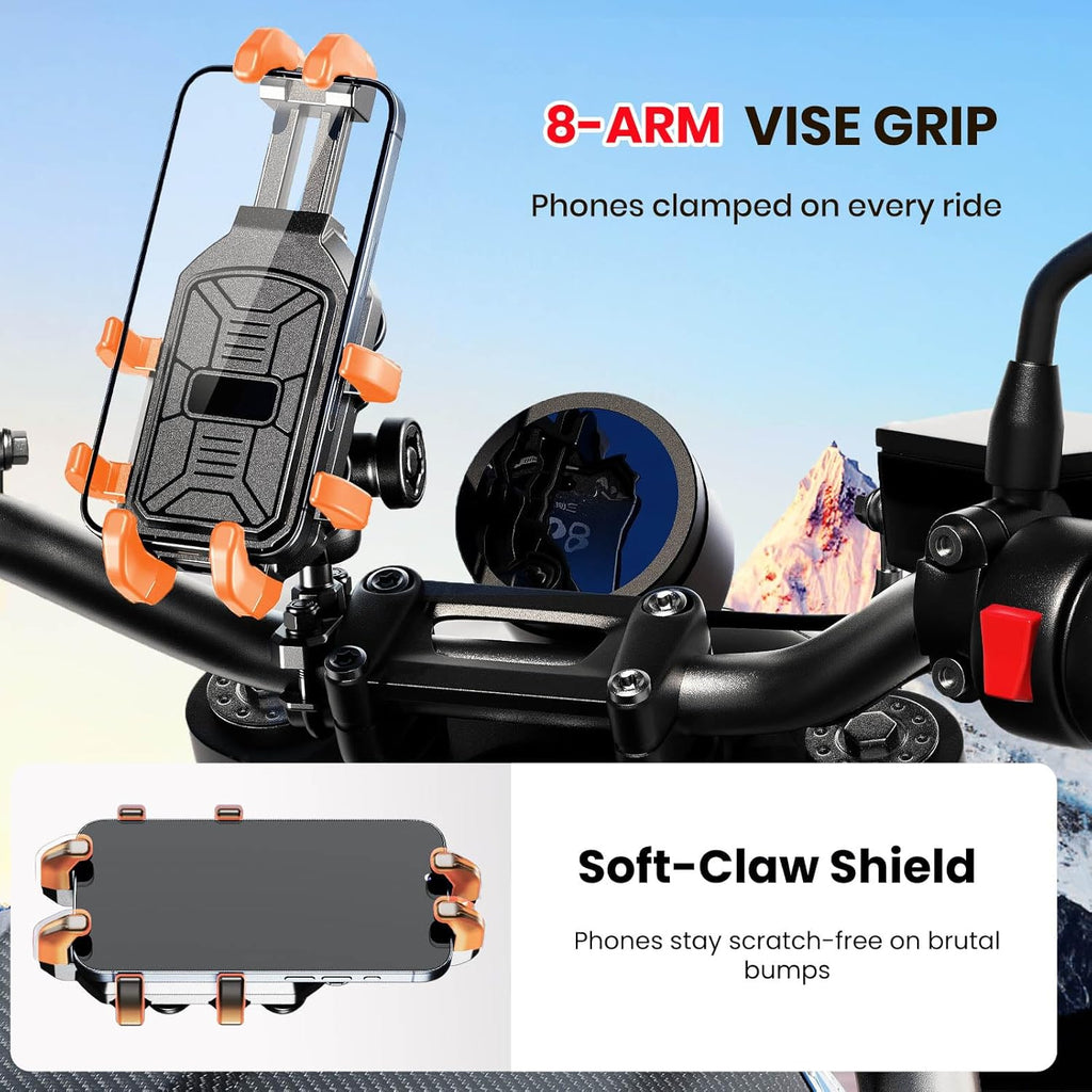 Motorcycle Phone Mount Holder with Vibration Dampener Anti-Shake 720° Adjustable for iPhone 16 Pro Max for Samsung 5.4''-6.9'' Phone Anti-Theft Dirt Bikes(U Shape Base 0.6-1.1" Handlebar)