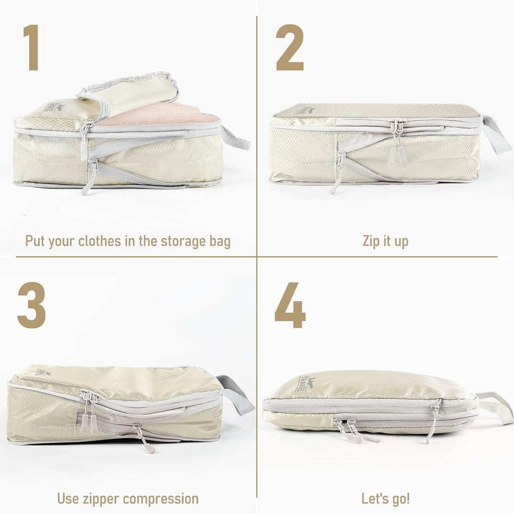 4 Set Compression Packing Cubes, Suitcase Organizer, Lightweight Travel Essentials, Compression Bags For Travel Accessories Luggage Storage Set (4 Pcs, Beige)