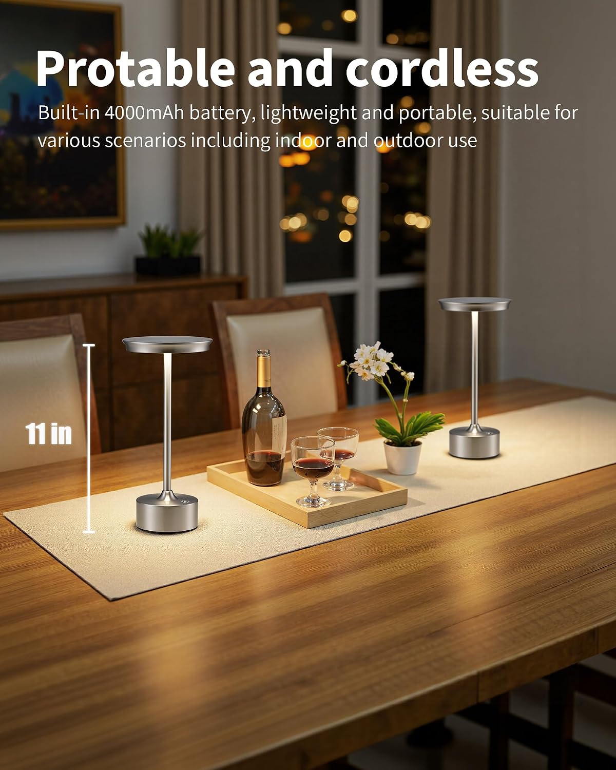 PUSU Rechargeable Table Lamps Set of 2, Nickel Cordless Portable Desk Lamp