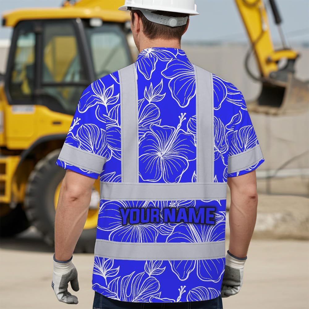 High Visibility Hawaiian Shirt for Men Tropical Shirts Custom Name Floral Outfit Reflective Safety Workwear