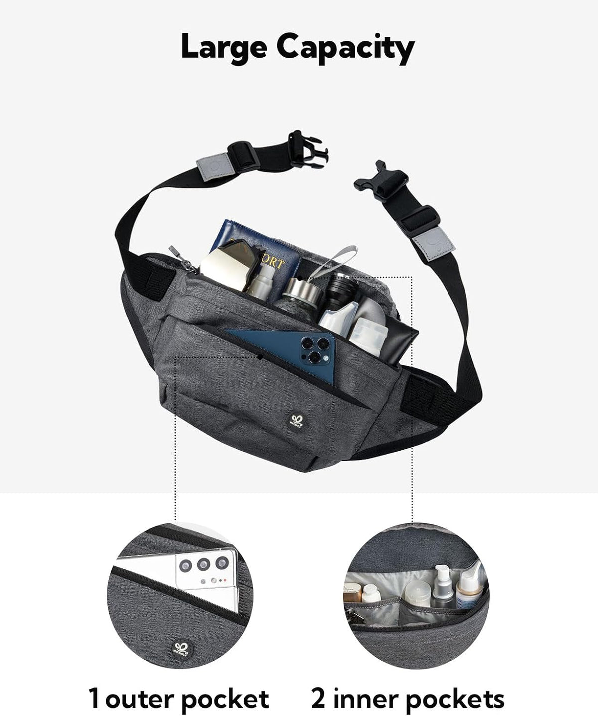 WATERFLY Running Belt Fanny Pack: Runner Marathon Jogging Waist Pack Sport Workout Exercise Fitness Phone Holder Belt for Men Women Jogger Slim Waistband Black