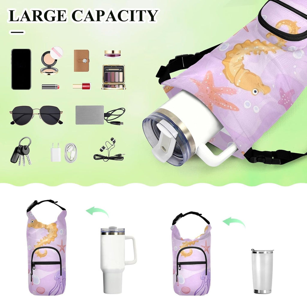 Purple Seahorse Jellyfish Starfish 01 Water Bottle Holder with Strap Insulated Water Bottle Carrier Crossbody Bags Pouch with Phone Pocket for Travel Gym Hiking Walking Running
