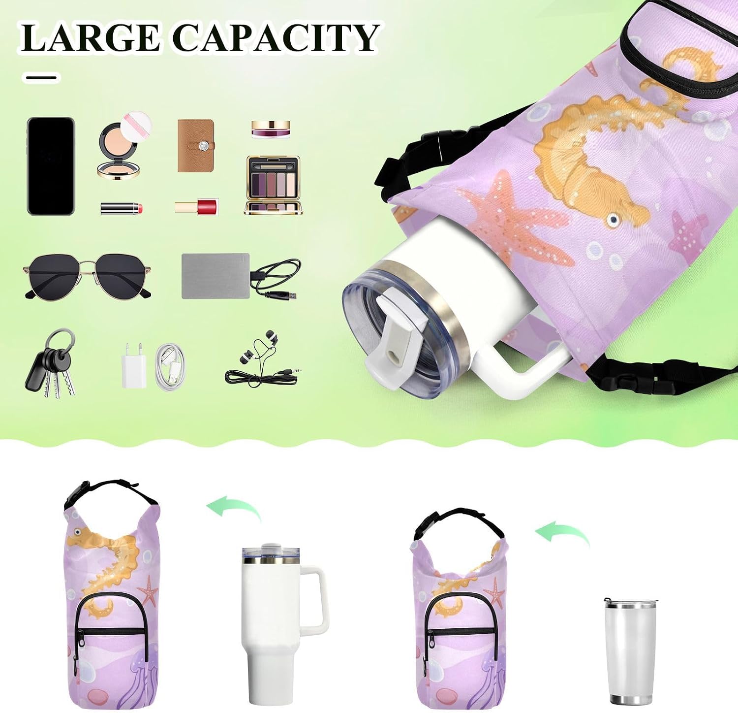 Purple Seahorse Jellyfish Starfish 01 Water Bottle Holder with Strap Insulated Water Bottle Carrier Crossbody Bags Pouch with Phone Pocket for Travel Gym Hiking Walking Running