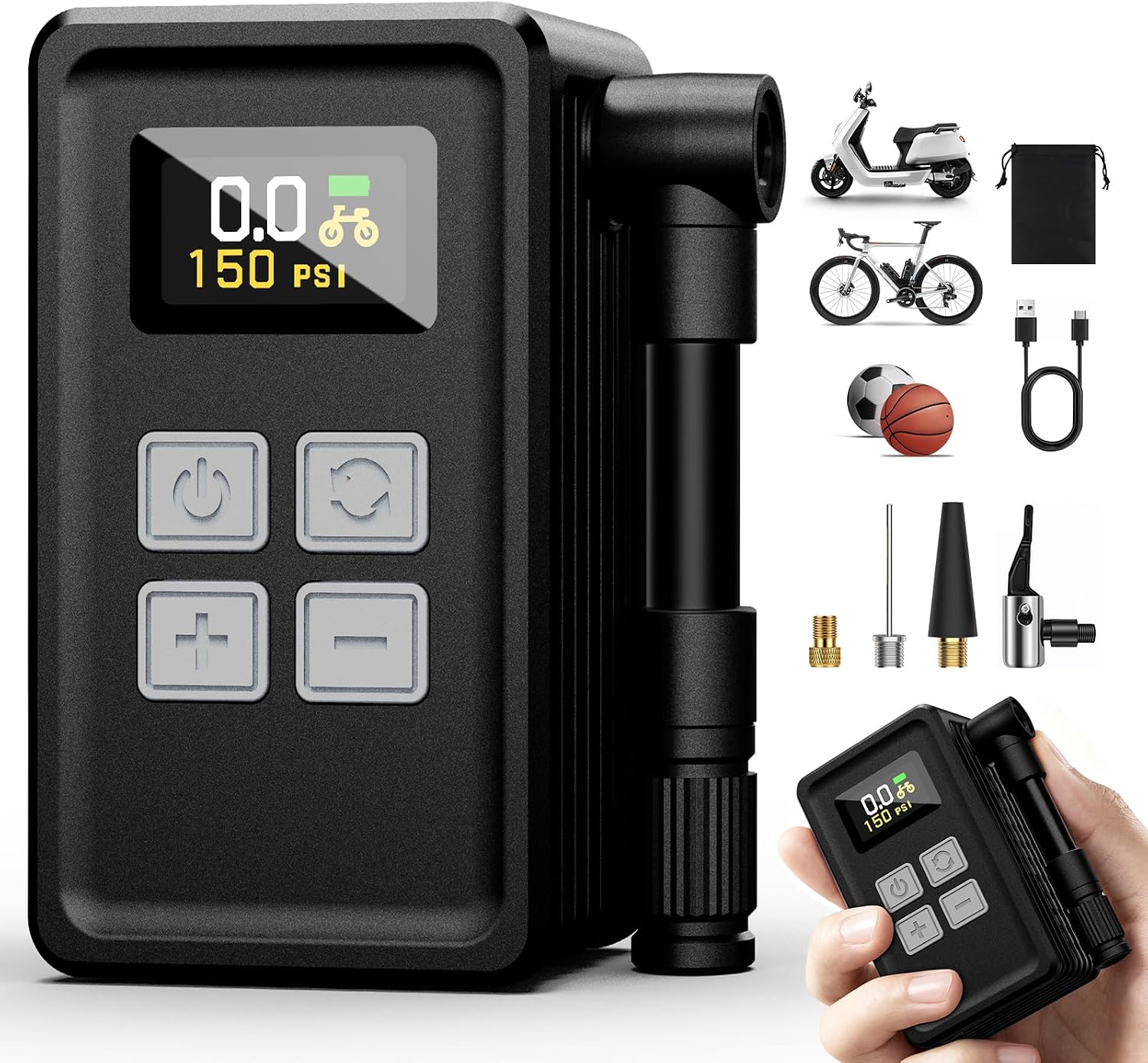 Mini Bike Pump 150 PSI Electric Tire Inflator with Gauge for Bikes