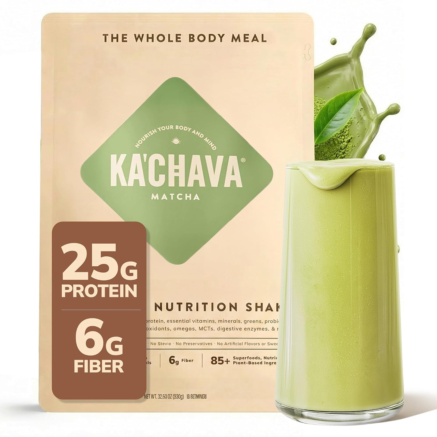 Ka’Chava Whole Body Meal Shake Matcha 2 lb – Vegan Protein Powder with 85+ Superfoods & Greens – Plant-Based Meal Replacement with Probiotics & Digestive Enzymes – Gluten & Dairy Free (15 Servings)