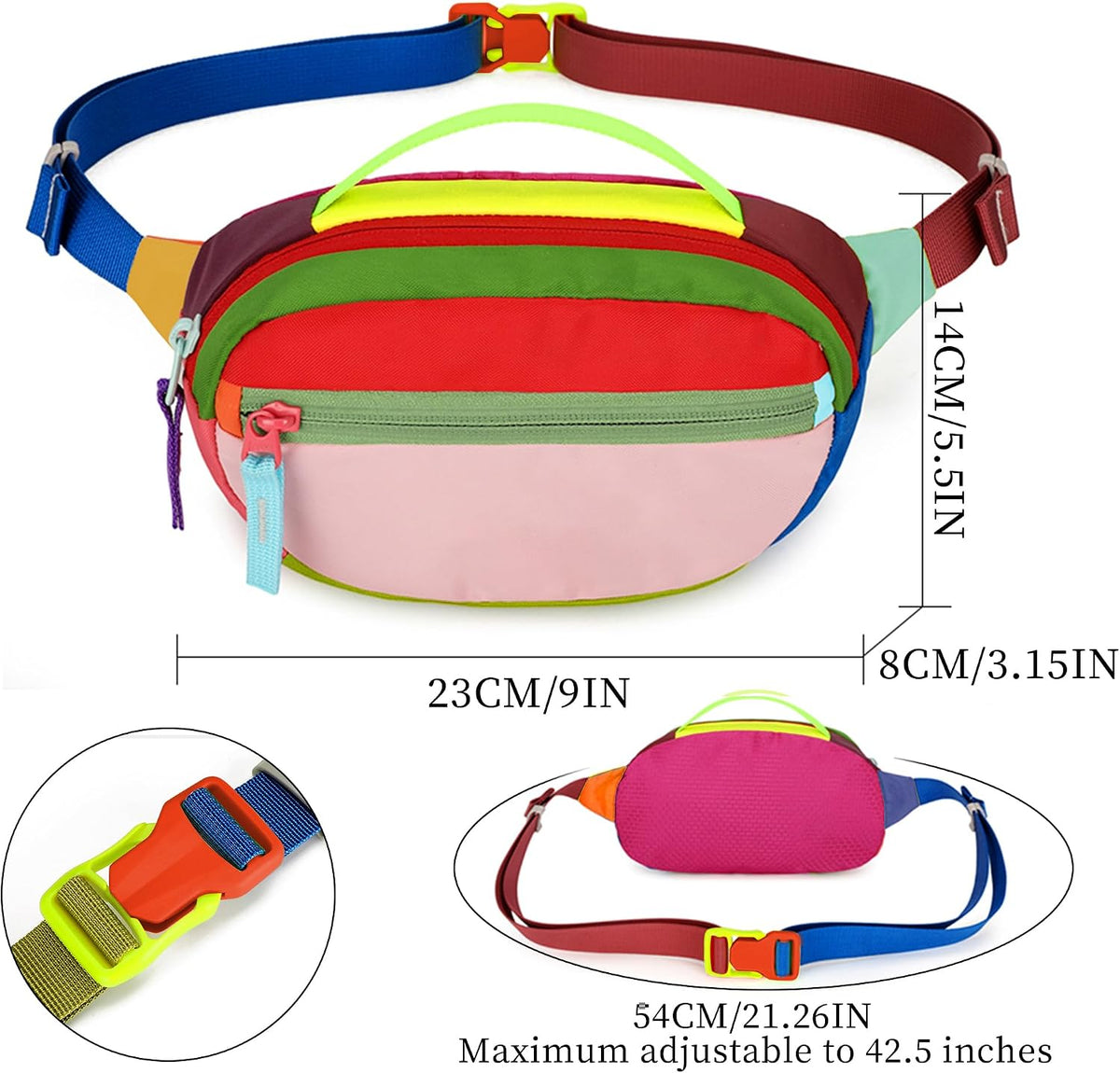 Retro Fanny Pack for Women Men Hiking Waist Packs 2 Pockets Color-blocking Belt Bags for Festival 80s 90s Theme Party Running Traveling (Pink)