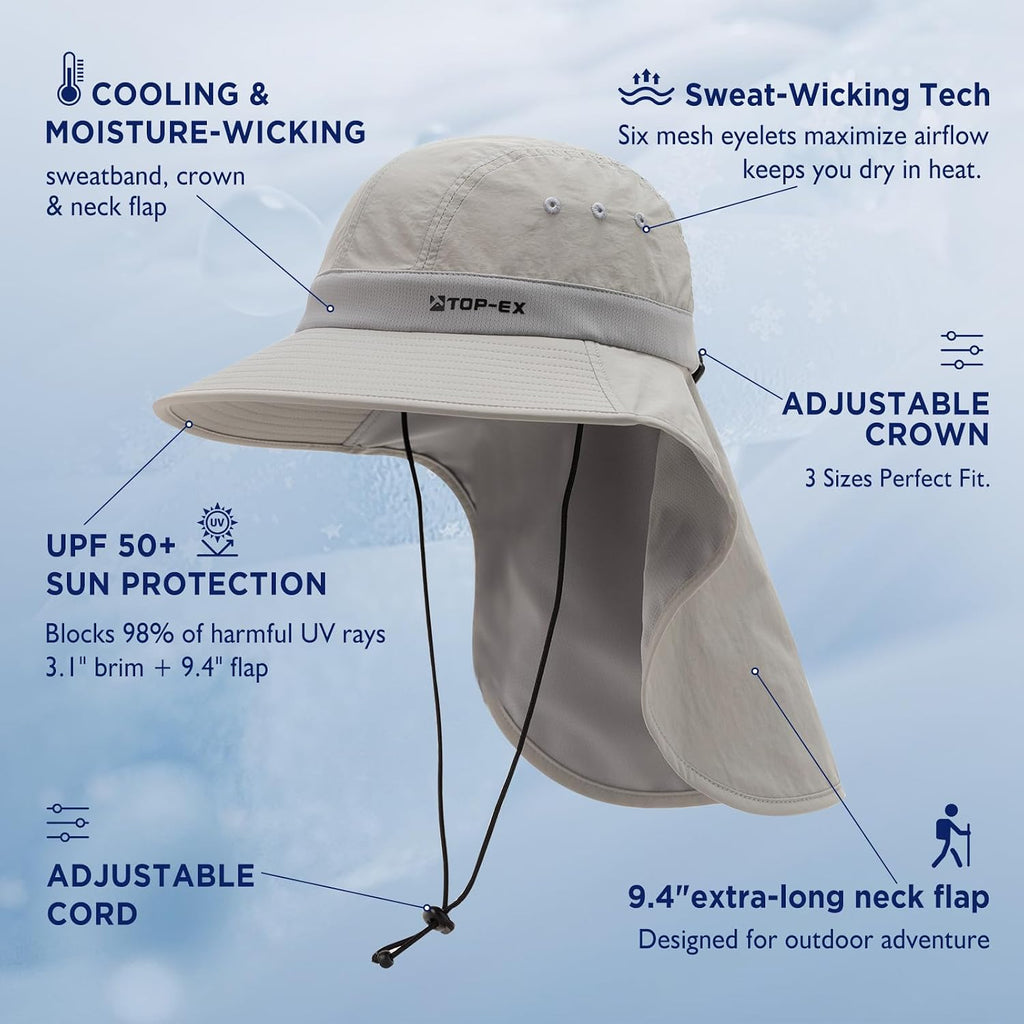 TOP-EX UPF 50+ Cooling Wide Brim Sun Hat for Men with Neck Flap, Packable