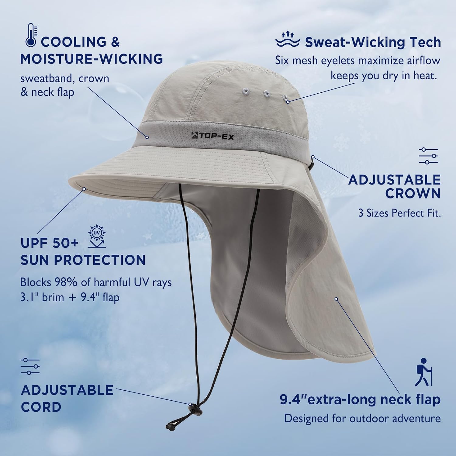 TOP-EX UPF 50+ Cooling Wide Brim Sun Hat for Men with Neck Flap, Packable