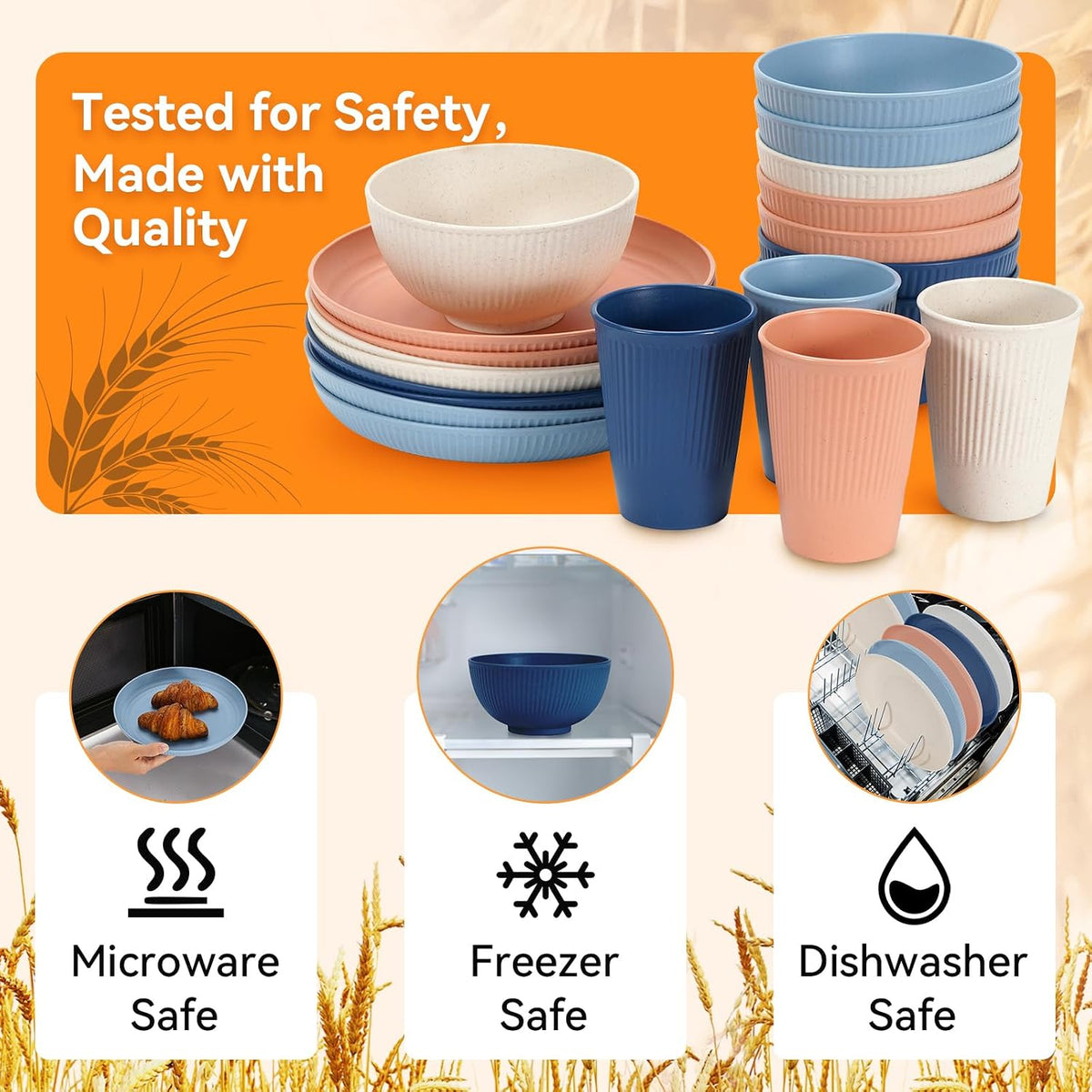 Wheat Straw Dinnerware Sets,64-Piece Beige Plates and Bowls Sets for 8-Unbreakable,Reusable Plastic Dish Set-Dinner Plate/Dessert Plate/Cereal Bowl/Cup/Utensils-Microwavable Dishwasher Safe 64P-Beige
