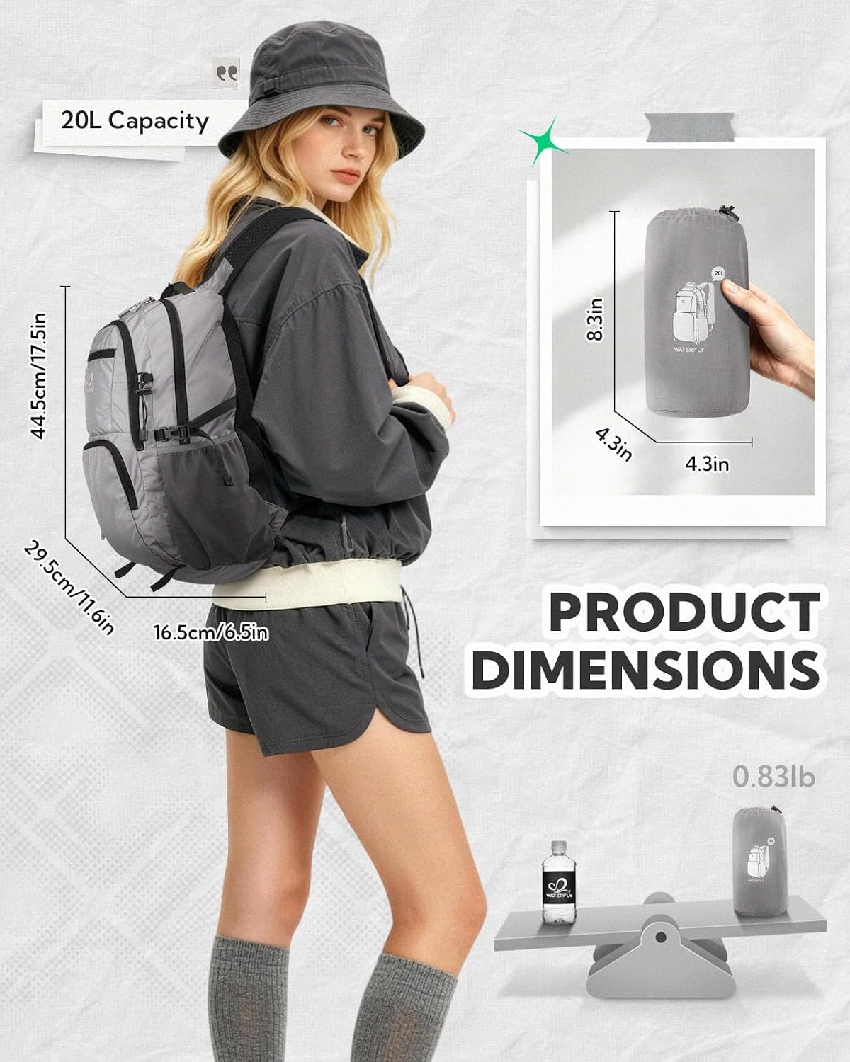 WATERFLY Packable Hiking Backpack, 20L Small Lightweight Foldable Daypack