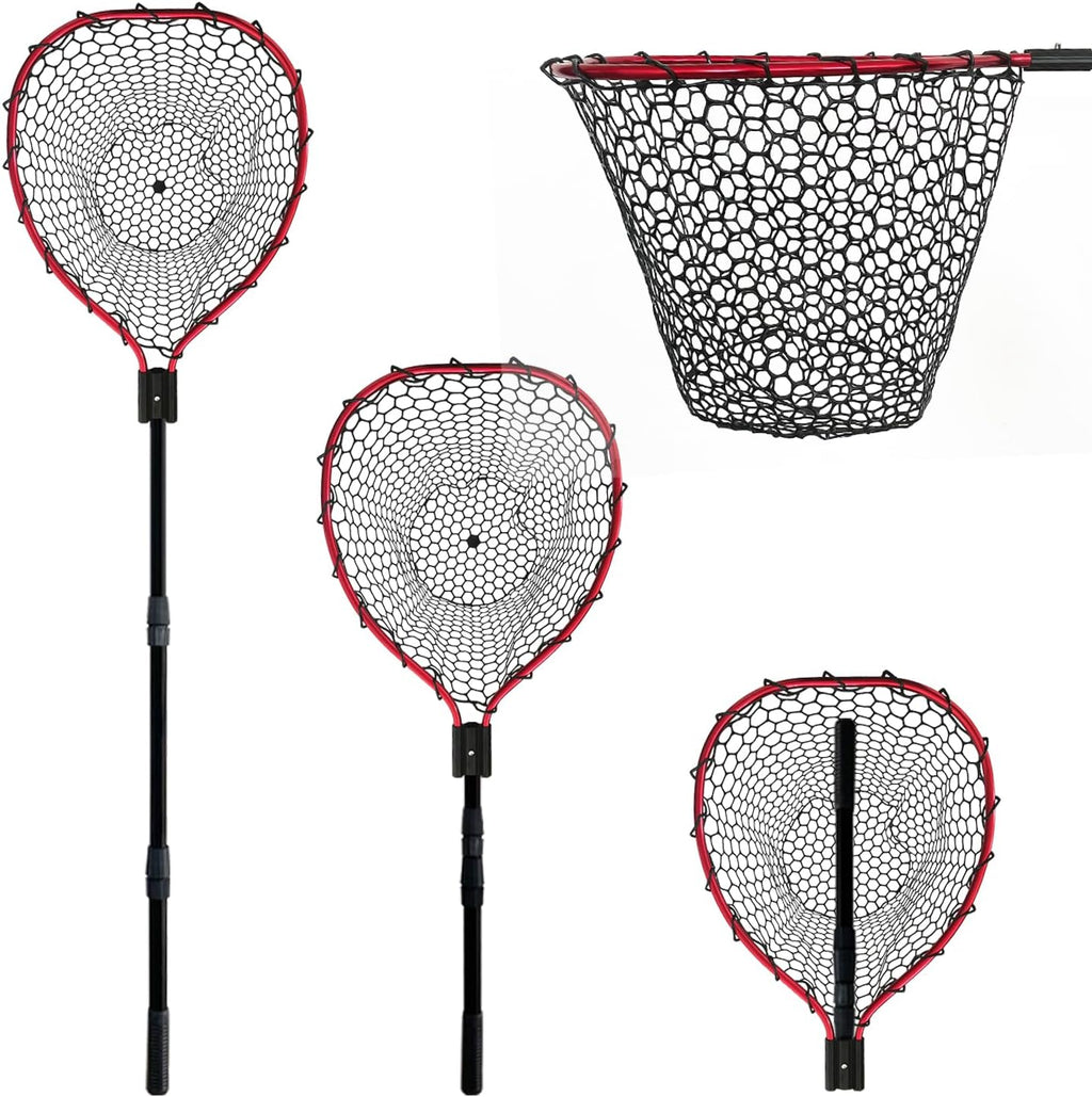 Telescoping Metal Lock Fishing Net with Handle Red Green 64" 52" Rubber Fish Net - Adjustable Length Lightweight Foldable Large Big Collapsible Extendable Fishing Net