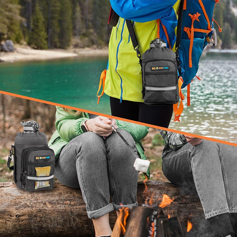 SUN CUBE Water Bottle Carrier with Strap, Insulated Water Bottle Carrier Bag with Phone Pocket Pouch, Sleeve Sling Purse Crossbody Bottle Holder for Walking, Sports, Hiking Accessories, Gray 64oz