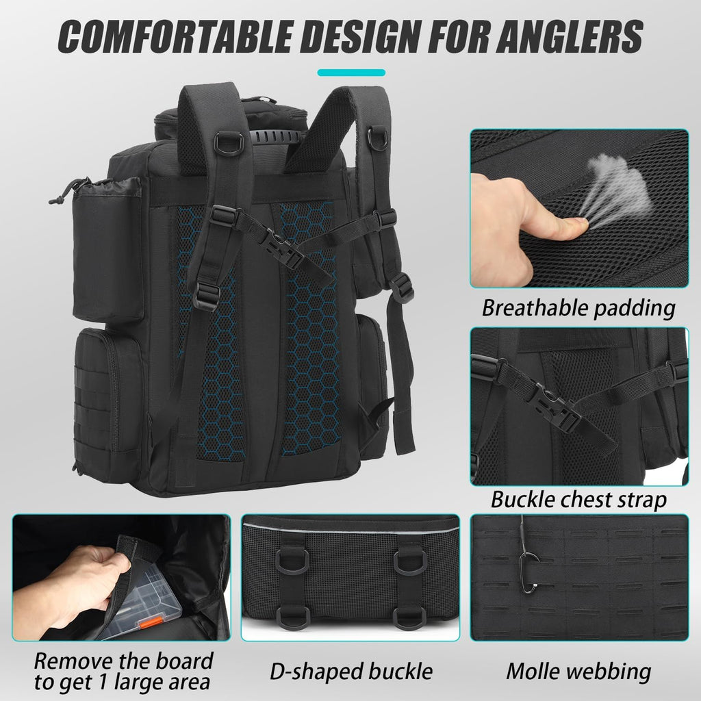 Tactical Fishing Backpack with 4 Tackle Boxes, Rod Holders & Bottle Holder