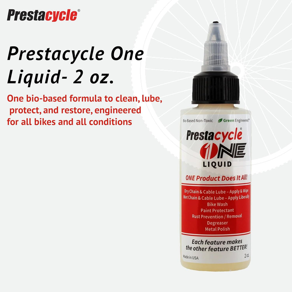 Prestacycle One Liquid, Bike Chain Lubricant and Cleaner, All-in-One Bicycle Lube, Degreaser, Paint Protectant, Metal Polish & Rust Remover, Without Alcohol or Petroleum