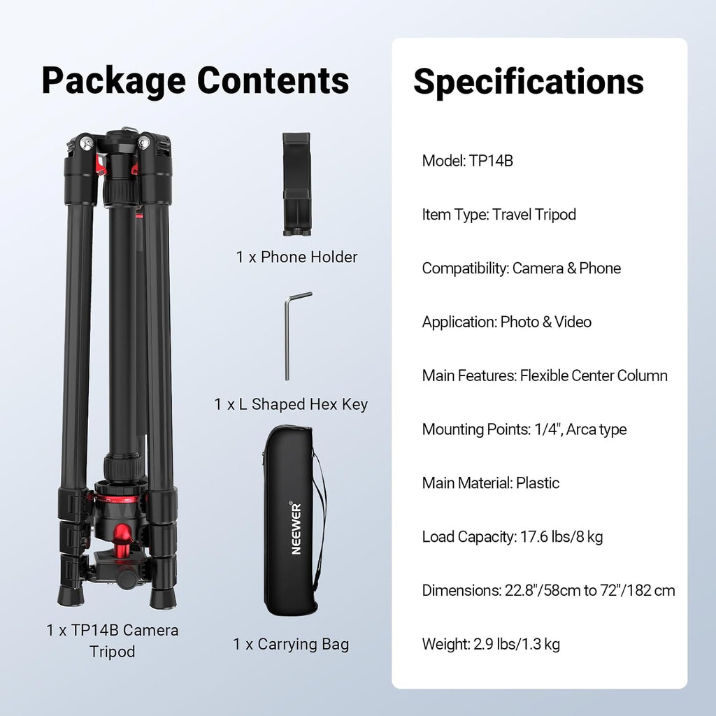 NEEWER Basics 72" / 182 cm Travel Tripod Monopod for Camera, Compact Lightweight Portable Video Recording Stand, Arca Type Ball Head, Cell Phone Holder Compatible with iPhone, Max Load 13.2 lb, TP14B