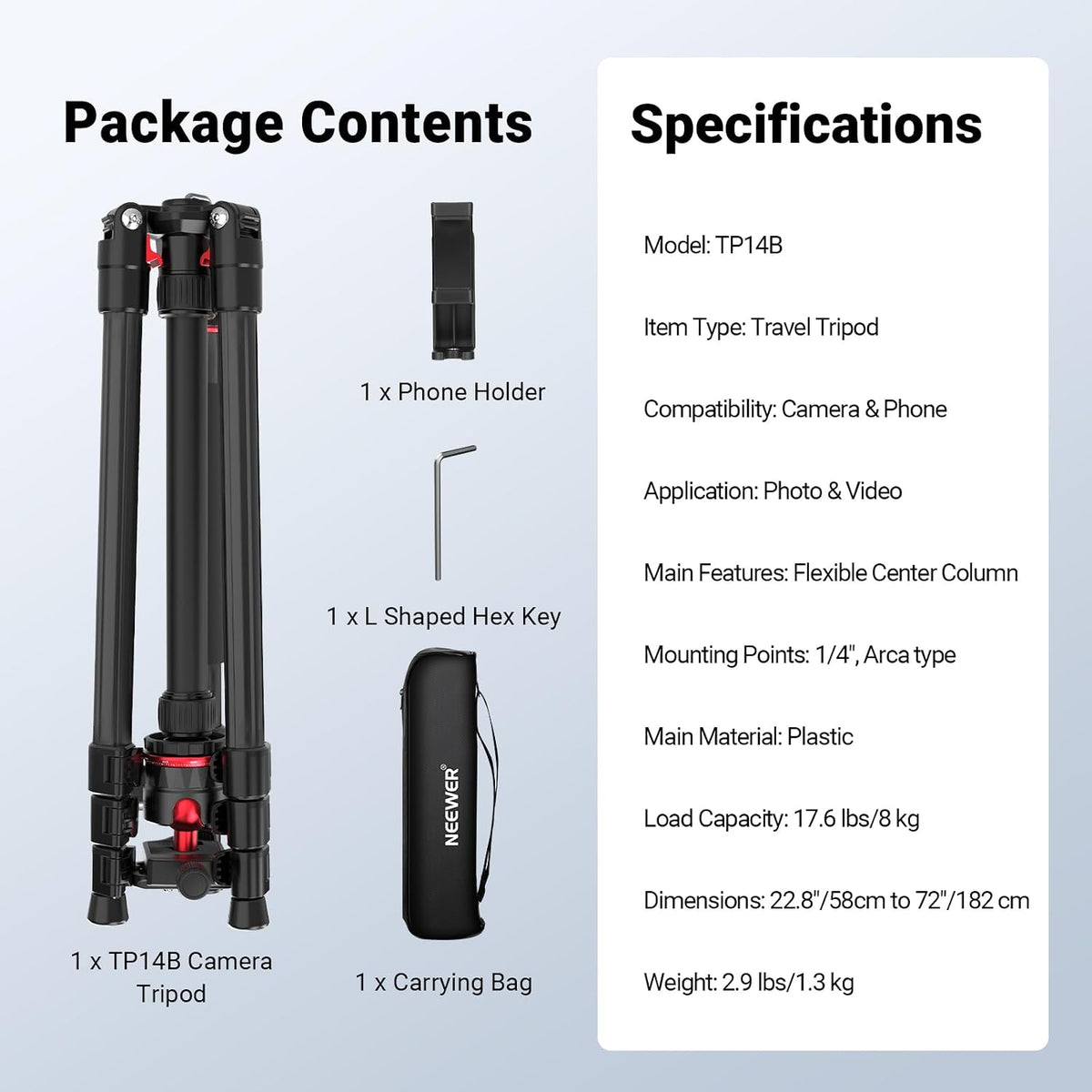 NEEWER Basics 72" / 182 cm Travel Tripod Monopod for Camera, Compact Lightweight Portable Video Recording Stand, Arca Type Ball Head, Cell Phone Holder Compatible with iPhone, Max Load 13.2 lb, TP14B