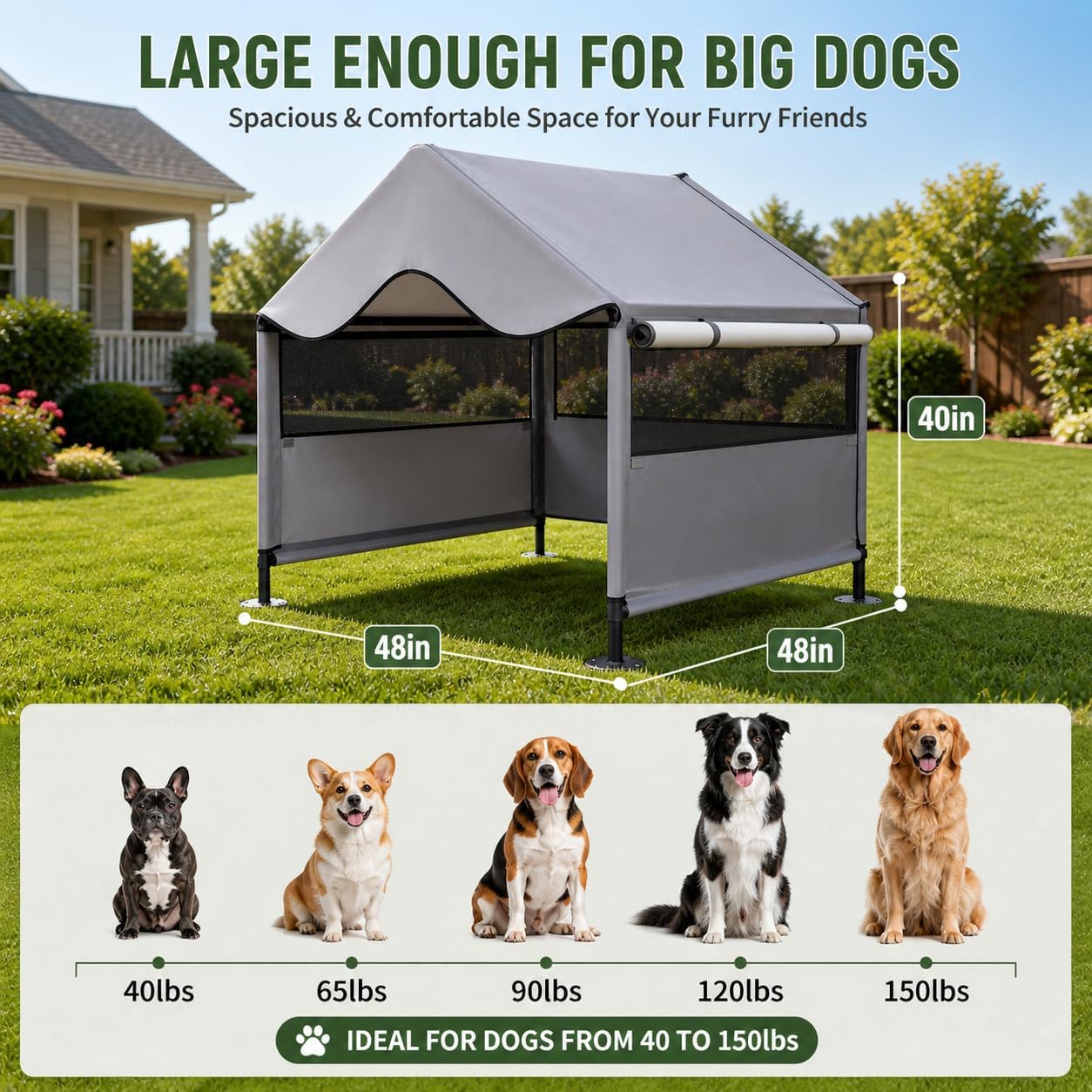 Extra Large Dog Shade Shelter Canopy with UV Protection, Big Dog House Outside, Outdoor Dog Tent with Three-Sided Breathable Mesh Windows, Gray Sun Rain Cover for Pet Sheep Goat 4'x 4'x 3.3'