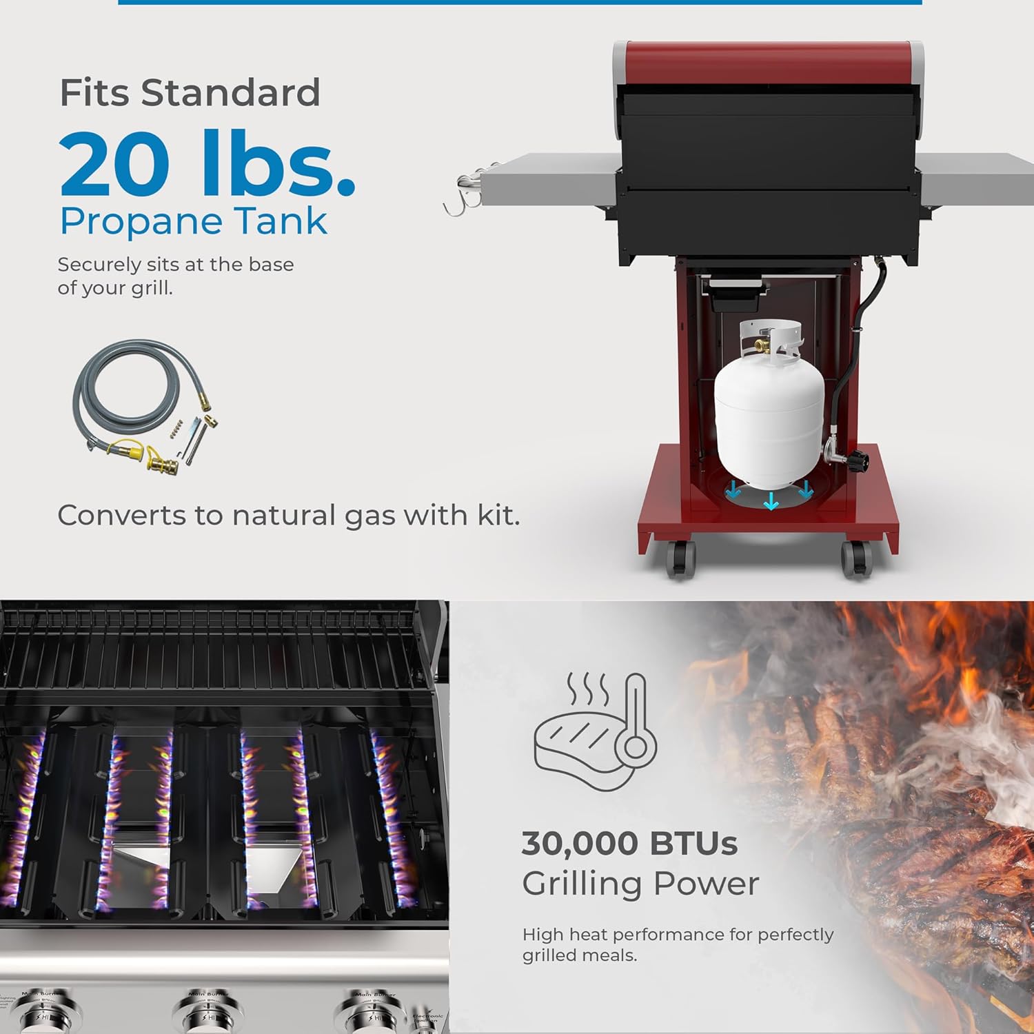 Kenmore 3-Burner Outdoor BBQ Grill | Liquid Propane Barbecue Gas Grill with Folding Sides, PG-A4030400LD-RD, Pedestal Grill with Wheels, 30000 BTU, Red